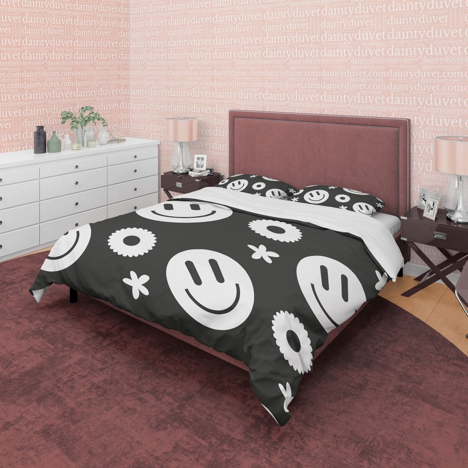 Happy Black and White Duvet Cover Set, Smile Emoji Blanket Cover Retro Printed Bedding Set, 90s Nostalgia Quilt Cover, Gro…