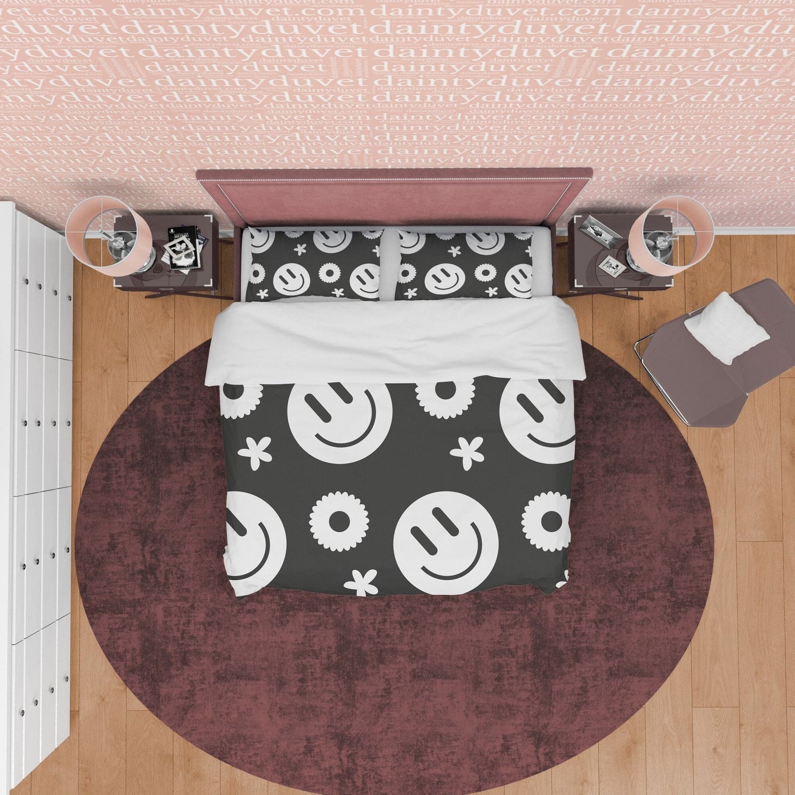 Happy Black and White Duvet Cover Set, Smile Emoji Blanket Cover Retro Printed Bedding Set, 90s Nostalgia Quilt Cover, Gro…