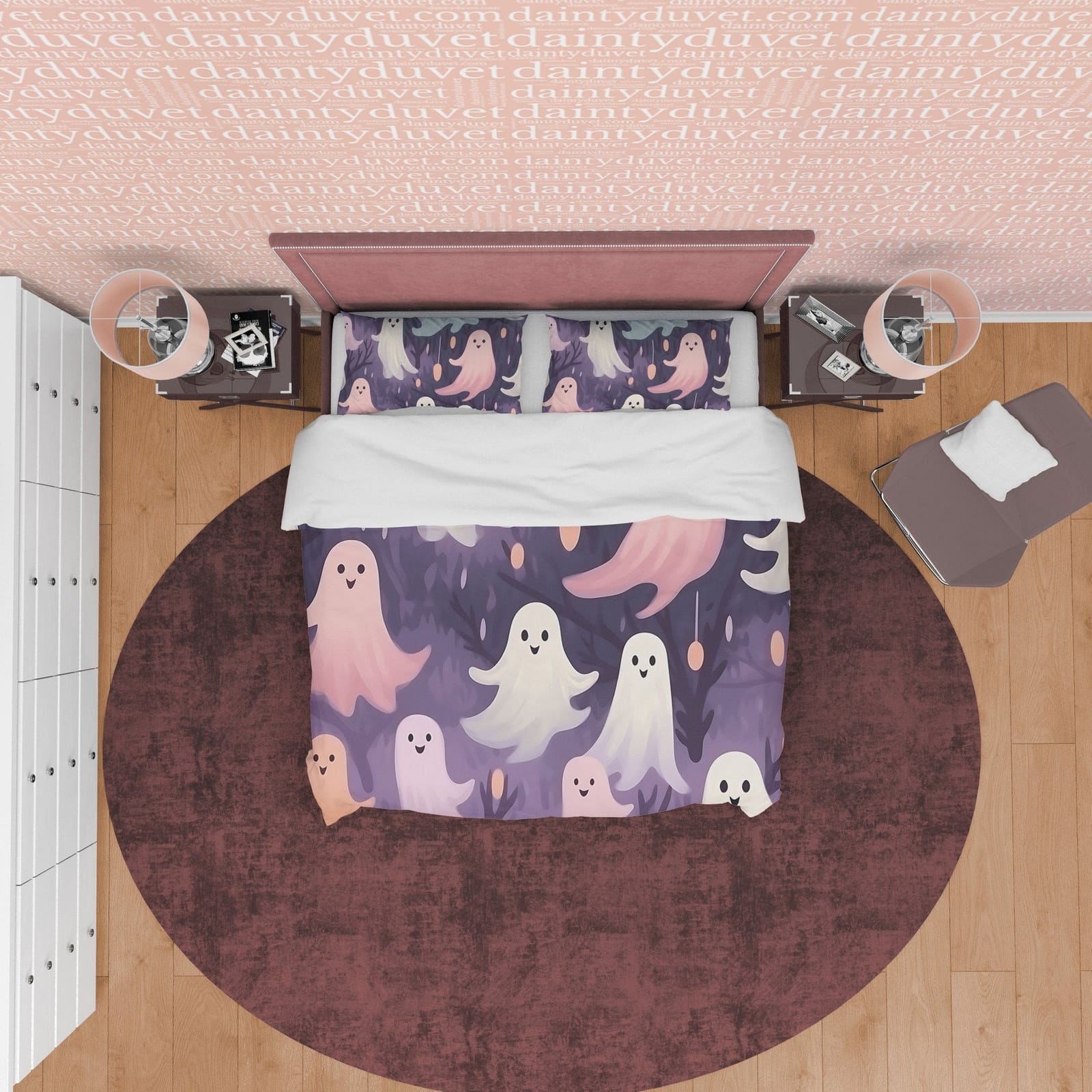 Happy Cute Ghosts, Duvet Cover Set, Aesthetic Zipper Bedding, Spooky Room Decor for Halloween, US, UK, European, Australia…
