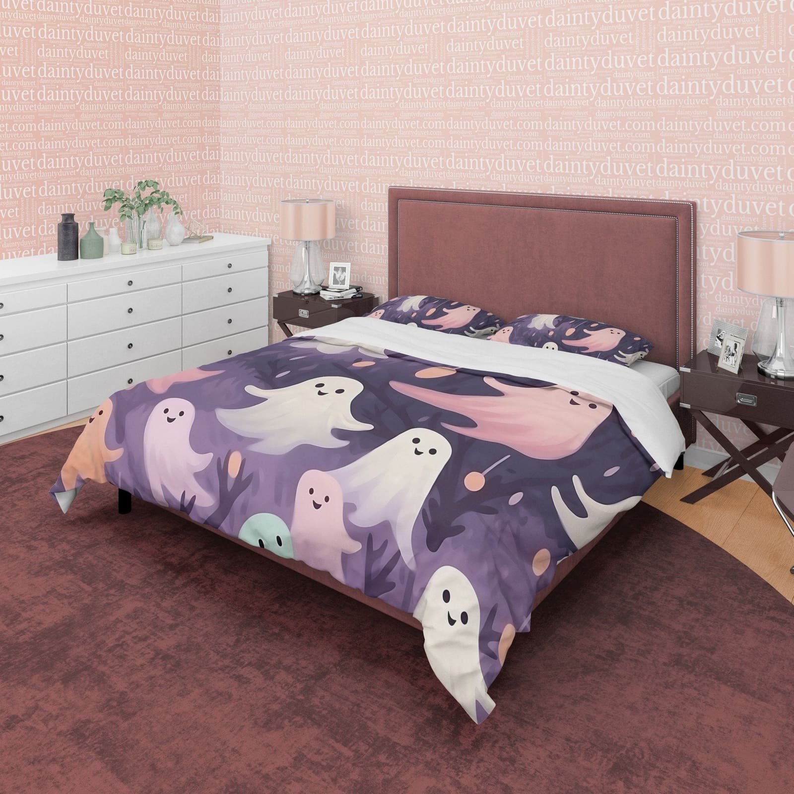 Happy Cute Ghosts, Duvet Cover Set, Aesthetic Zipper Bedding, Spooky Room Decor for Halloween, US, UK, European, Australia…