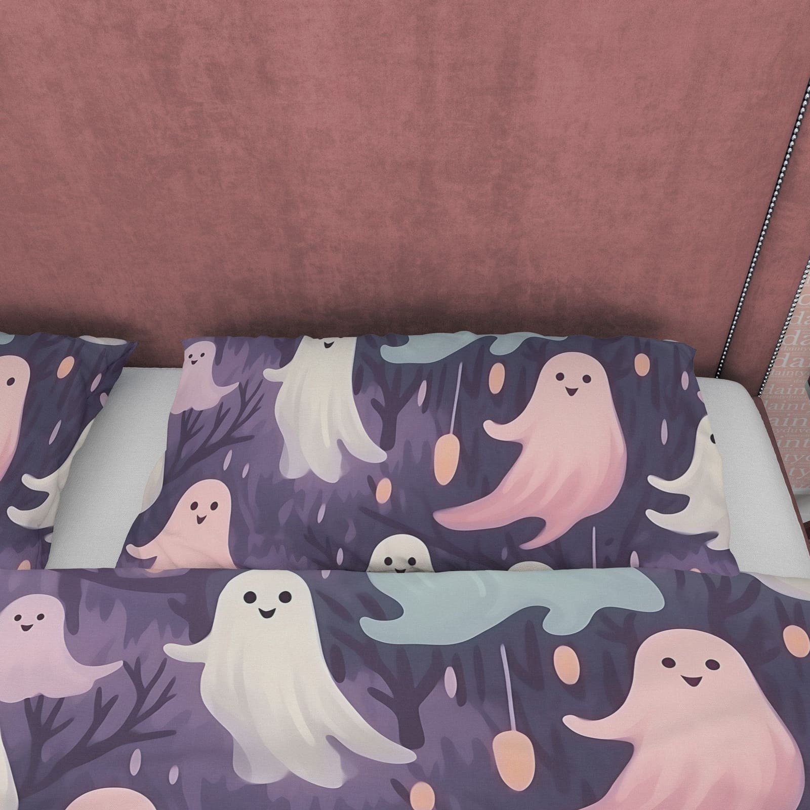 Happy Cute Ghosts, Duvet Cover Set, Aesthetic Zipper Bedding, Spooky Room Decor for Halloween, US, UK, European, Australia…