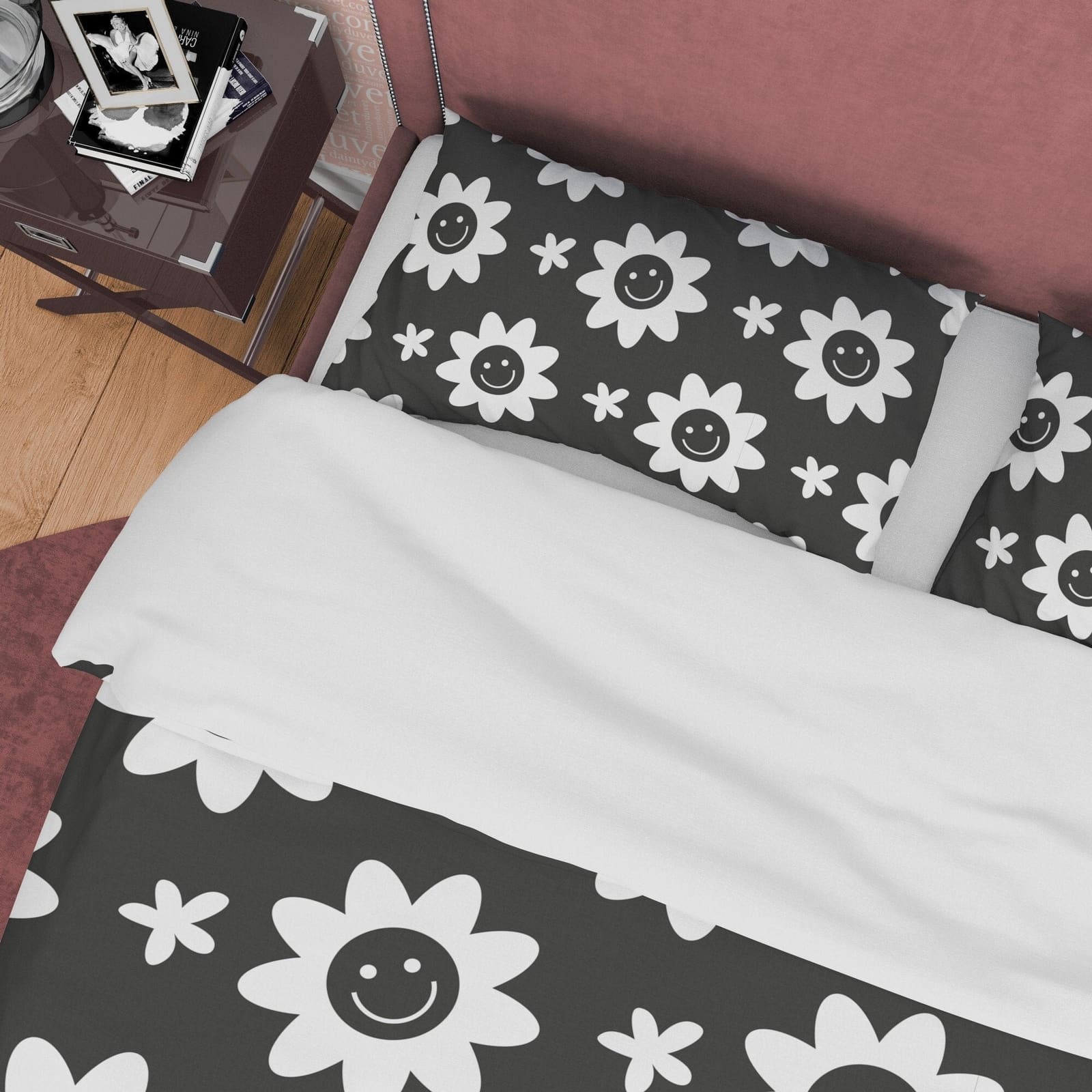 Happy Flower Black and White Duvet Cover Set, Smile Emoji Bed set, Floral Blanket Cover Retro Printed Bedding Set, 90s Nos…