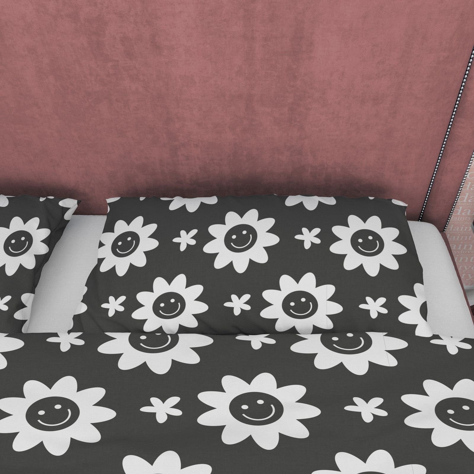 Happy Flower Black and White Duvet Cover Set, Smile Emoji Bed set, Floral Blanket Cover Retro Printed Bedding Set, 90s Nos…
