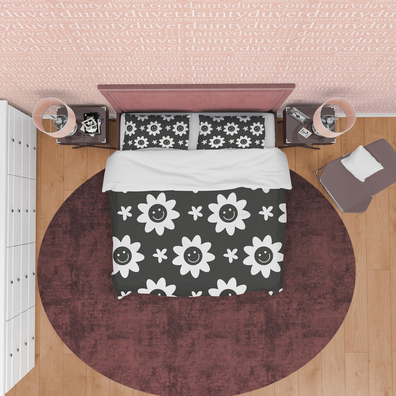 Happy Flower Black and White Duvet Cover Set, Smile Emoji Bed set, Floral Blanket Cover Retro Printed Bedding Set, 90s Nos…