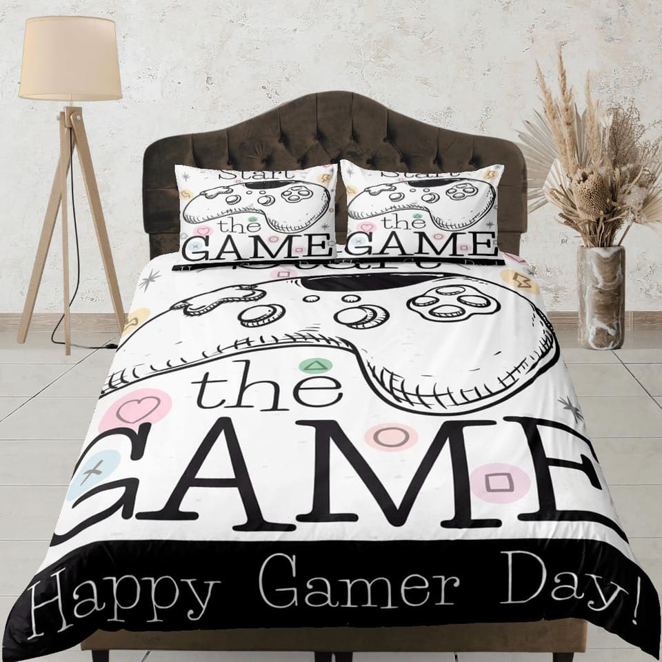 Happy gamer day bedding duvet cover, video gamer boyfriend gift bedding set full king queen twin, boys bedroom, college do…