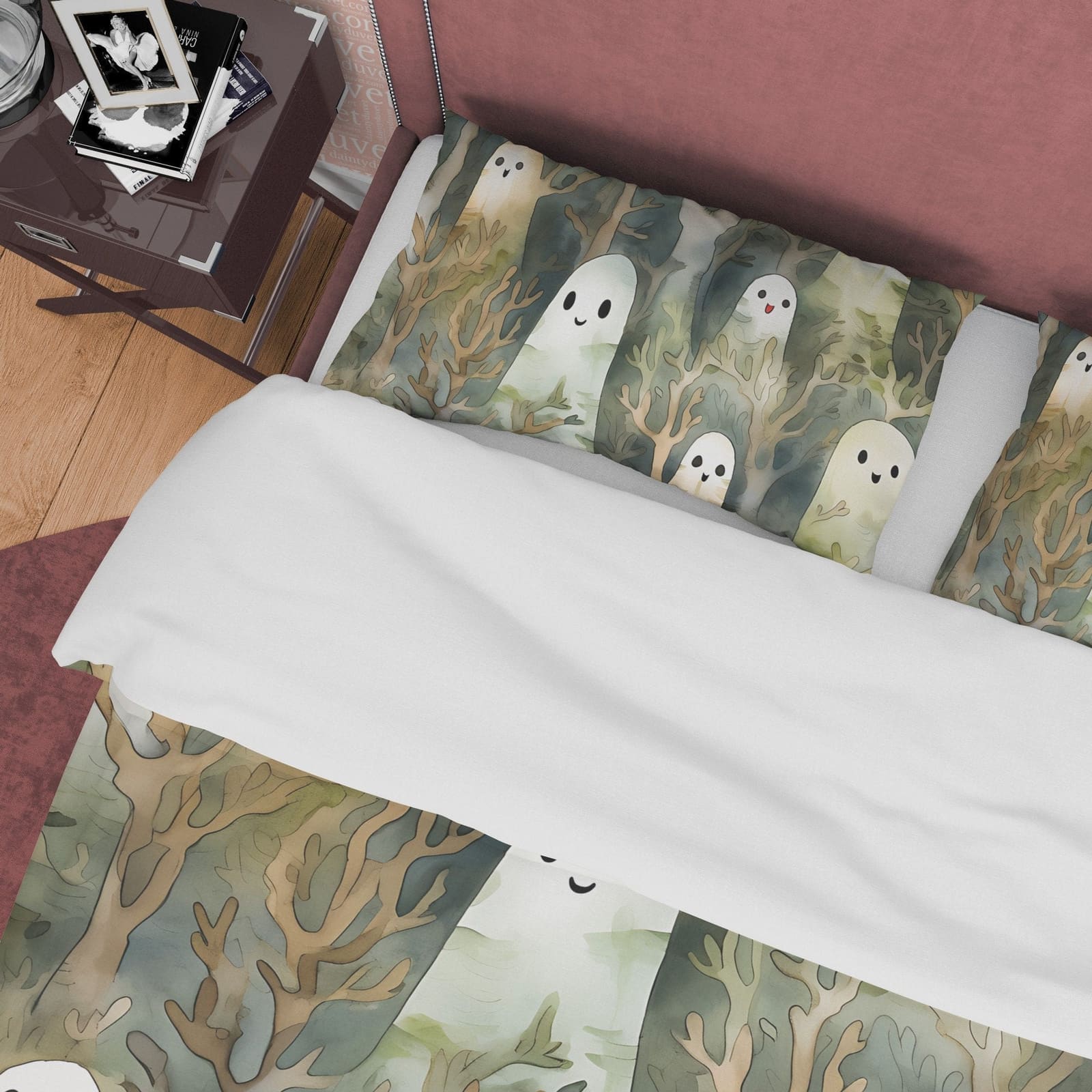 Happy Ghost Duvet Cover Set, Enchanted Forest Child's Bedroom Quilt Cover Aesthetic Zipper Bedding, Halloween Room Decor,…