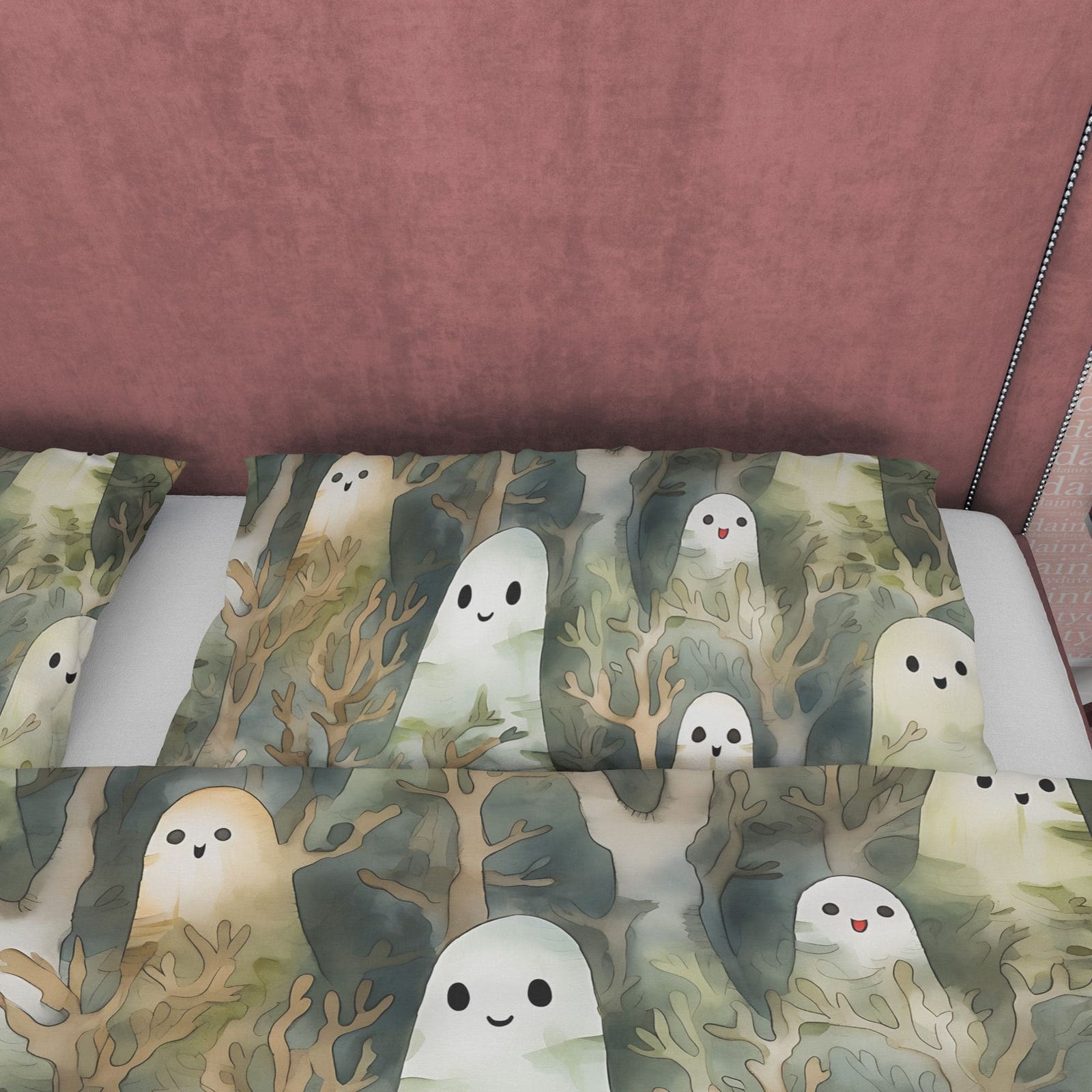 Happy Ghost Duvet Cover Set, Enchanted Forest Child's Bedroom Quilt Cover Aesthetic Zipper Bedding, Halloween Room Decor,…