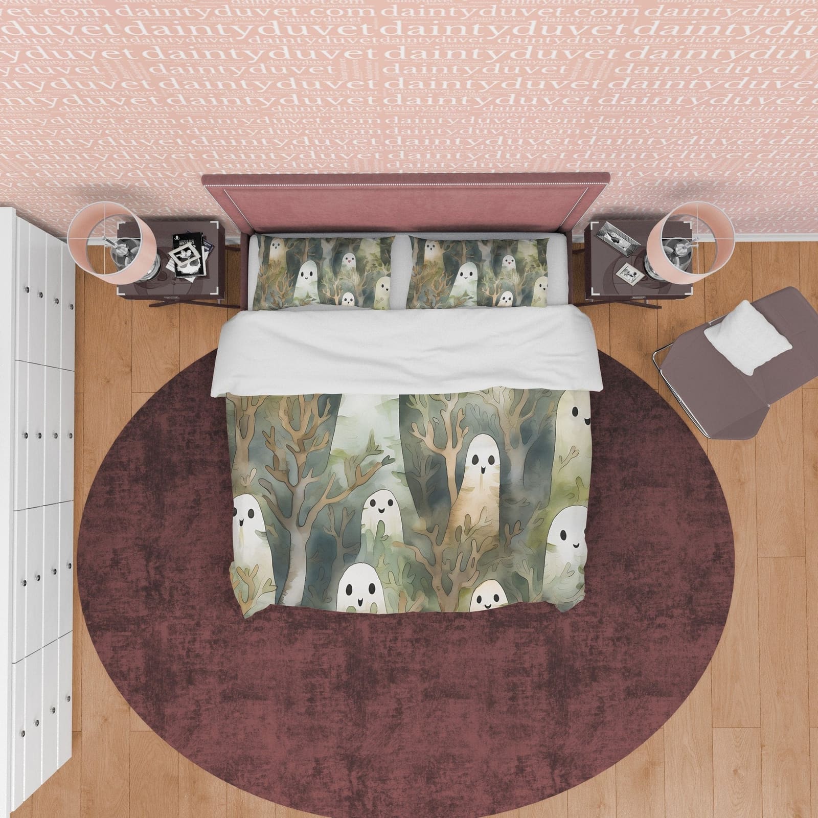 Happy Ghost Duvet Cover Set, Enchanted Forest Child's Bedroom Quilt Cover Aesthetic Zipper Bedding, Halloween Room Decor,…