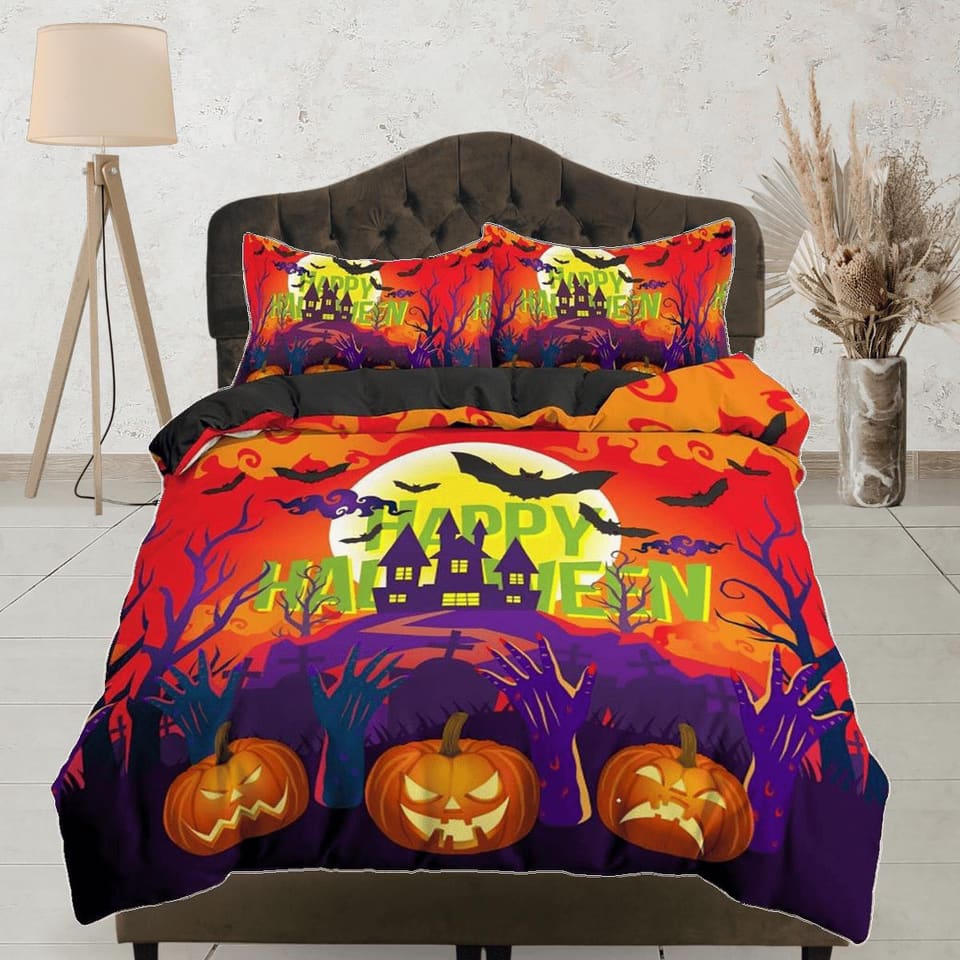 Happy halloween castle full size bedding & pillowcase, duvet cover set dorm bedding, halloween decor, nursery toddler bedd…