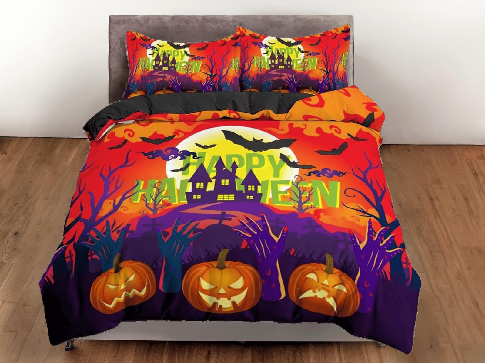Happy halloween castle full size bedding & pillowcase, duvet cover set dorm bedding, halloween decor, nursery toddler bedd…
