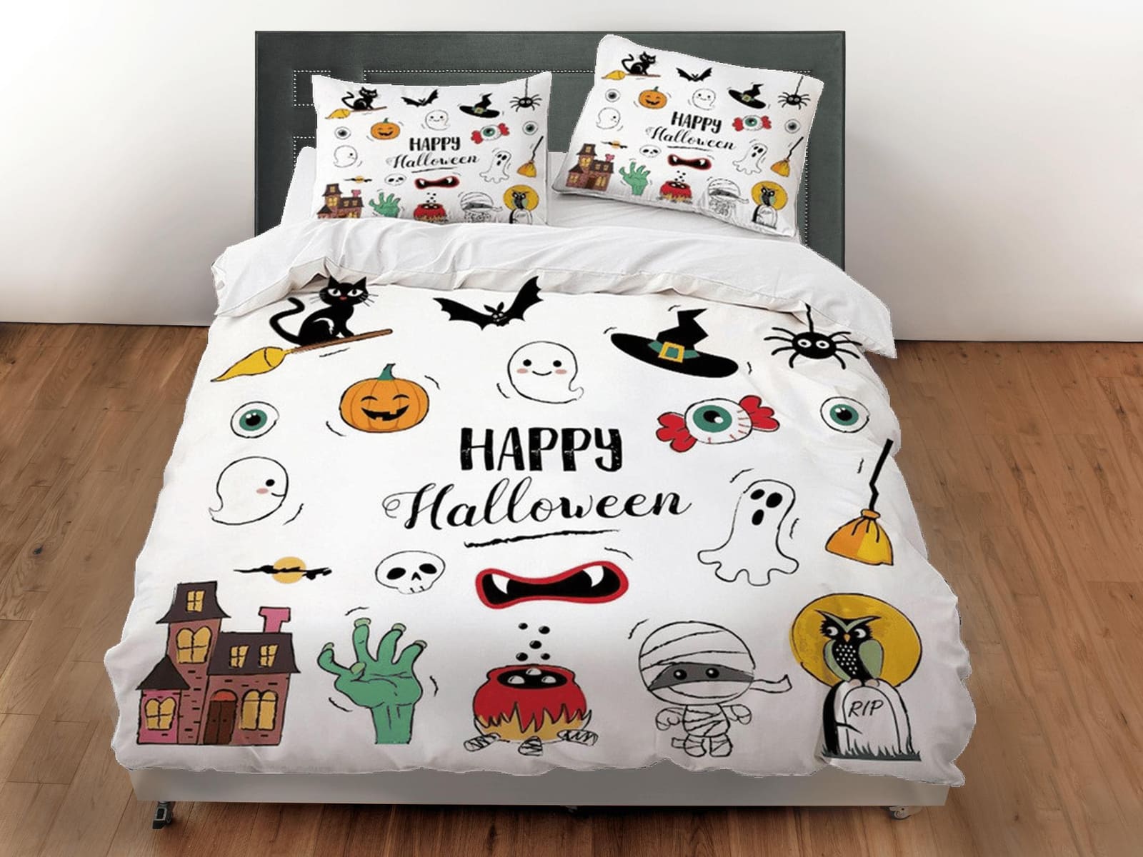 Happy halloween cute full size bedding & pillowcase, duvet cover set dorm bedding, halloween decor, nursery toddler beddin…