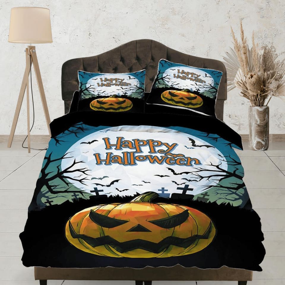 Happy halloween full moon graveyard pumpkin bedding & pillowcase, duvet cover set dorm bedding, nursery toddler bedding, h…