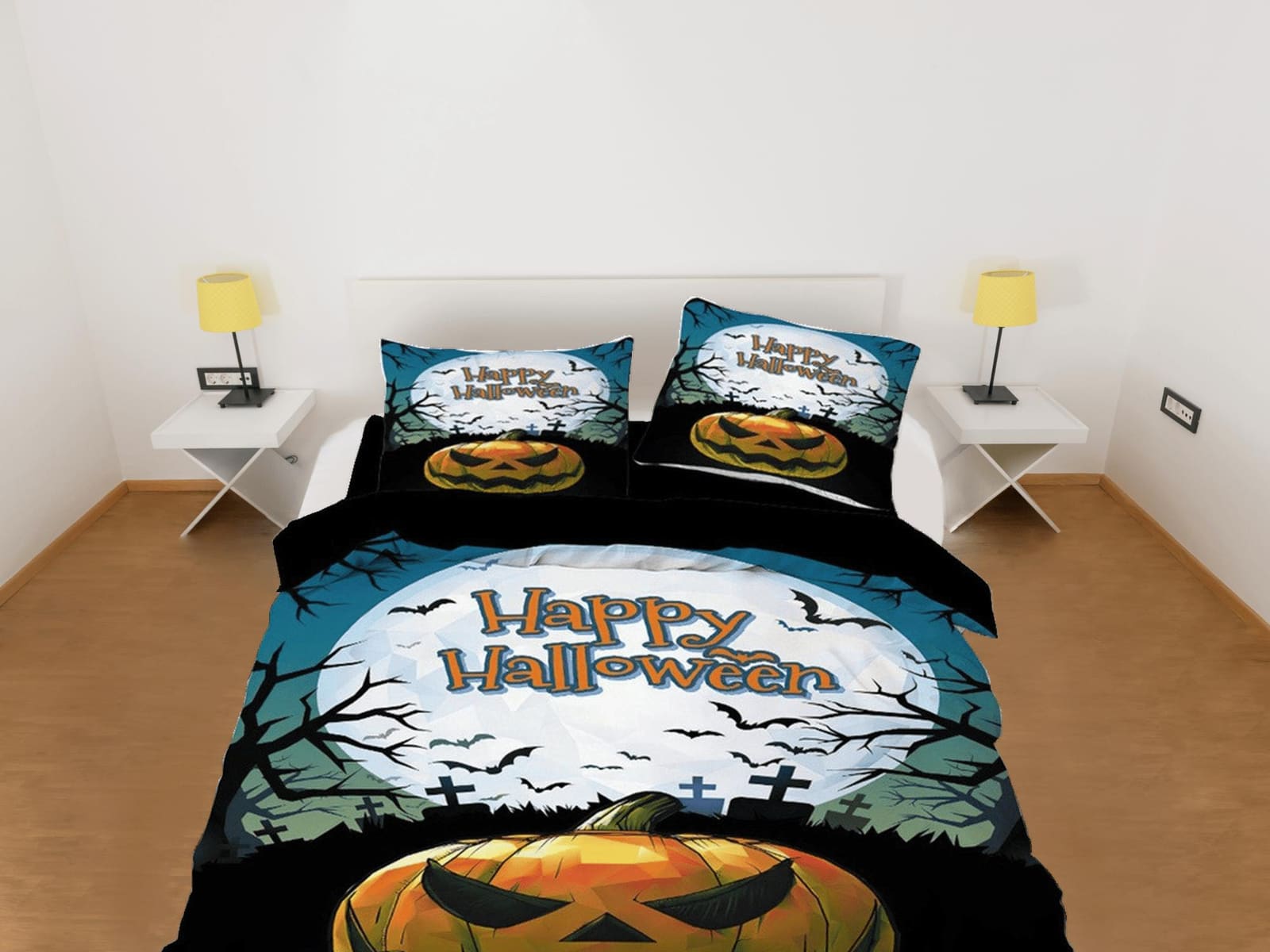 Happy halloween full moon graveyard pumpkin bedding & pillowcase, duvet cover set dorm bedding, nursery toddler bedding, h…
