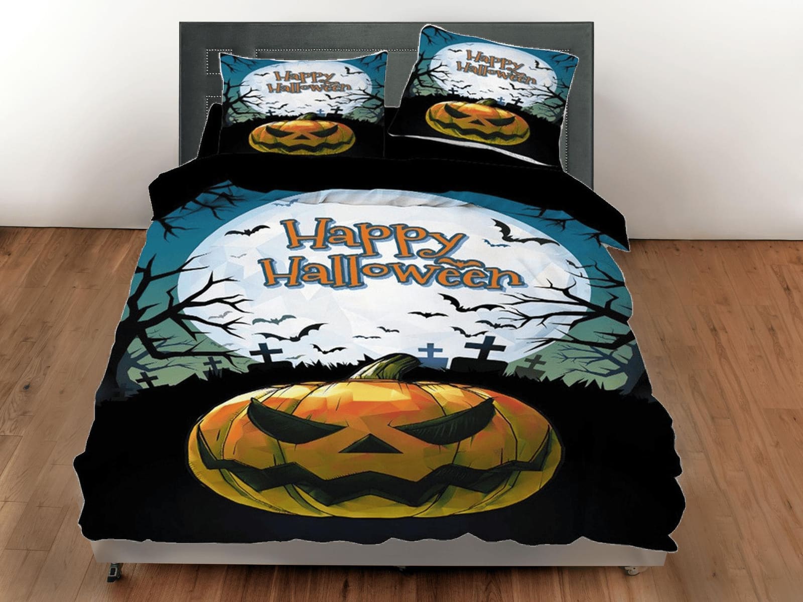 Happy halloween full moon graveyard pumpkin bedding & pillowcase, duvet cover set dorm bedding, nursery toddler bedding, h…