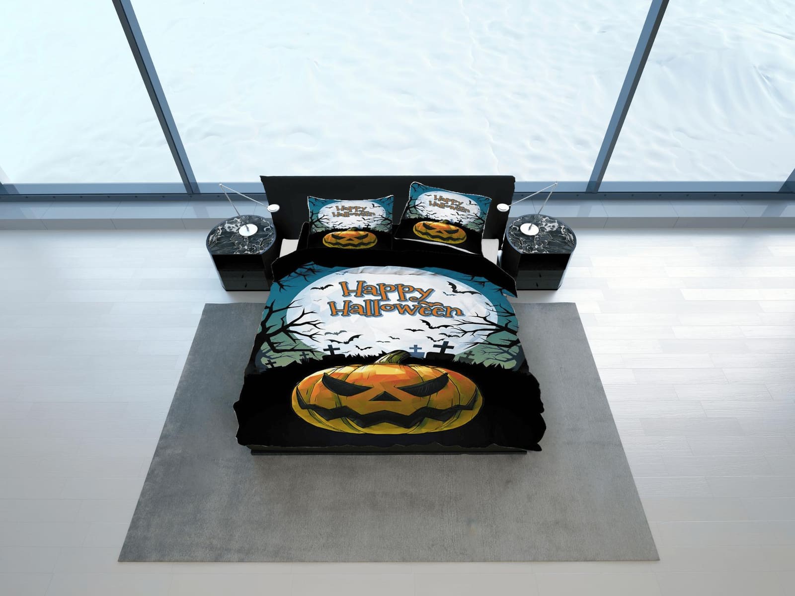 Happy halloween full moon graveyard pumpkin bedding & pillowcase, duvet cover set dorm bedding, nursery toddler bedding, h…