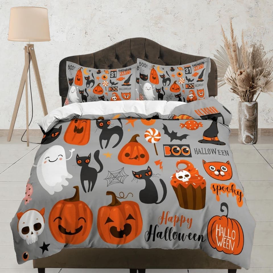 Happy Halloween grey bedding & pillowcase, gothic duvet cover, dorm bedding, halloween goth decor toddler bedding, hallowe…