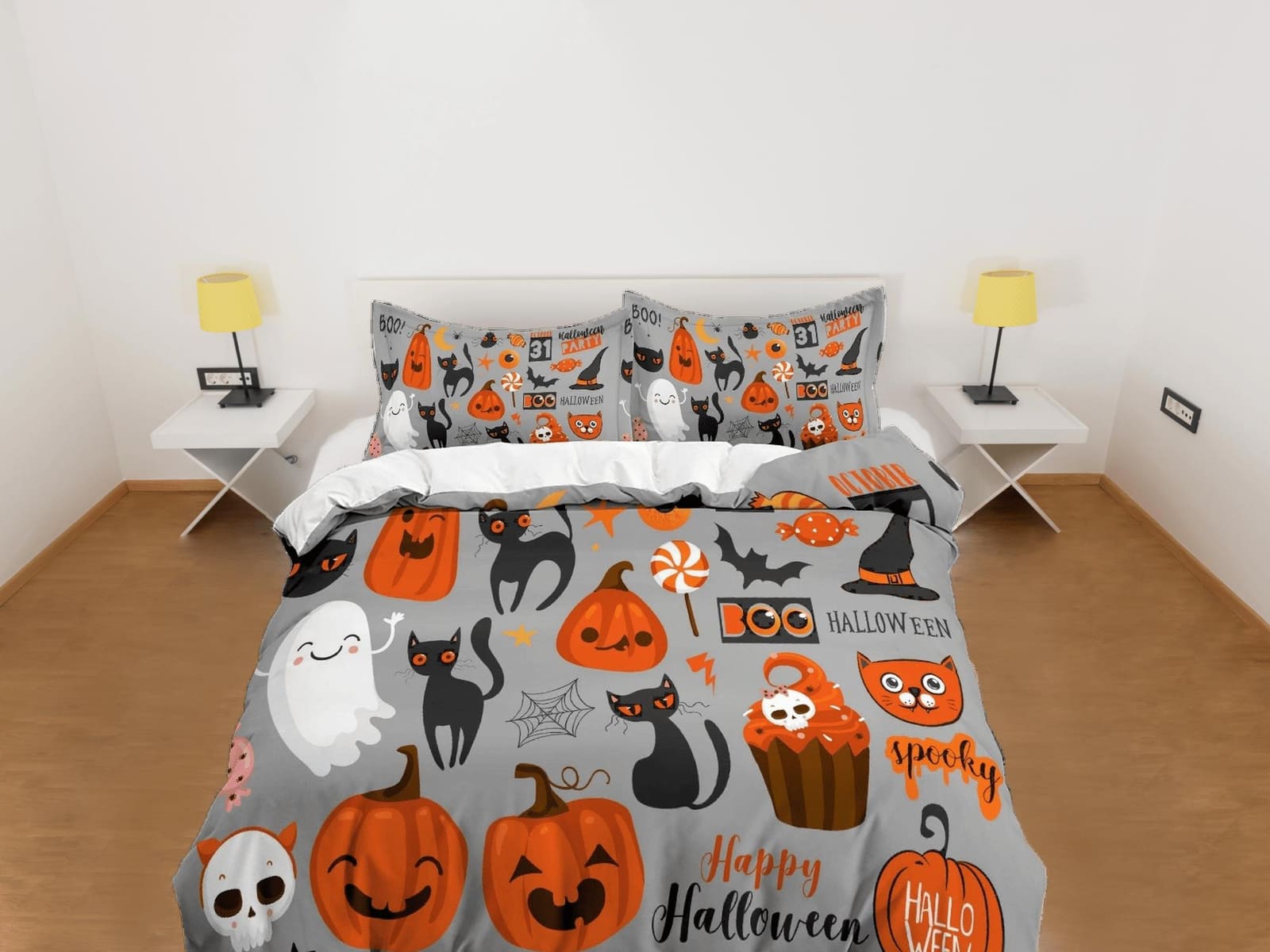 Happy Halloween grey bedding & pillowcase, gothic duvet cover, dorm bedding, halloween goth decor toddler bedding, hallowe…