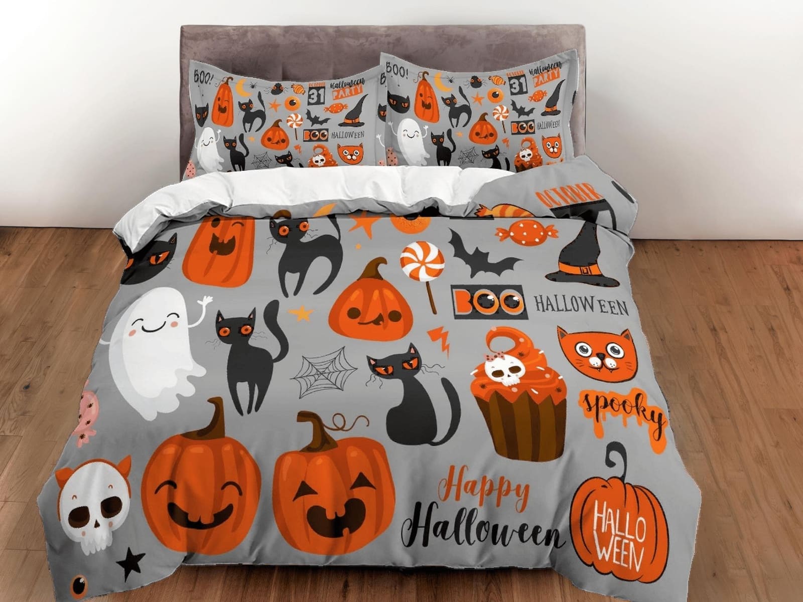 Happy Halloween grey bedding & pillowcase, gothic duvet cover, dorm bedding, halloween goth decor toddler bedding, hallowe…