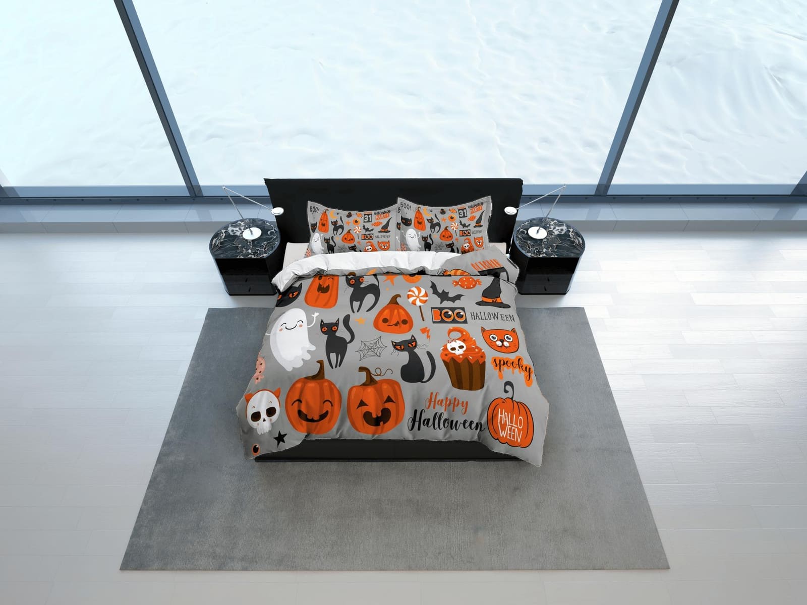 Happy Halloween grey bedding & pillowcase, gothic duvet cover, dorm bedding, halloween goth decor toddler bedding, hallowe…