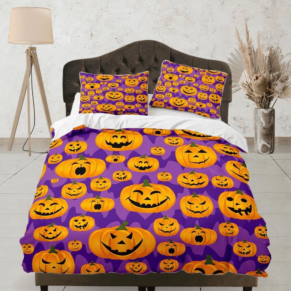 Happy pumpkin halloween full size bedding & pillowcase, purple duvet cover set dorm bedding, nursery toddler bedding, hall…