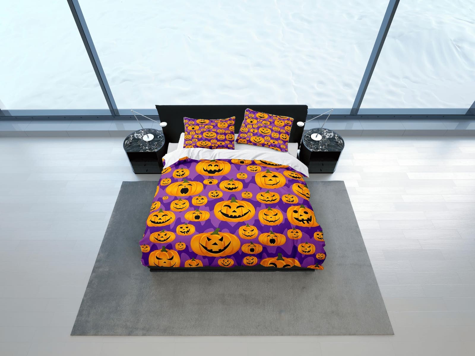 Happy pumpkin halloween full size bedding & pillowcase, purple duvet cover set dorm bedding, nursery toddler bedding, hall…
