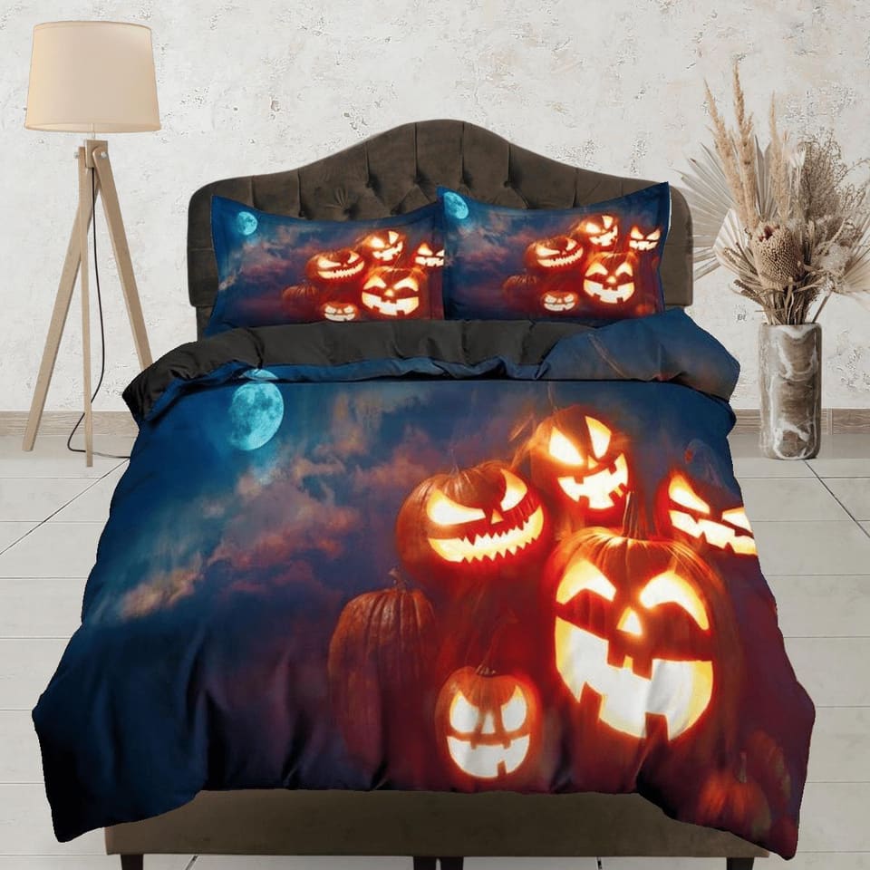 Happy pumpkins moon light halloween bedding & pillowcase, gothic duvet cover, dorm bedding, goth decor toddler bedding, ha…