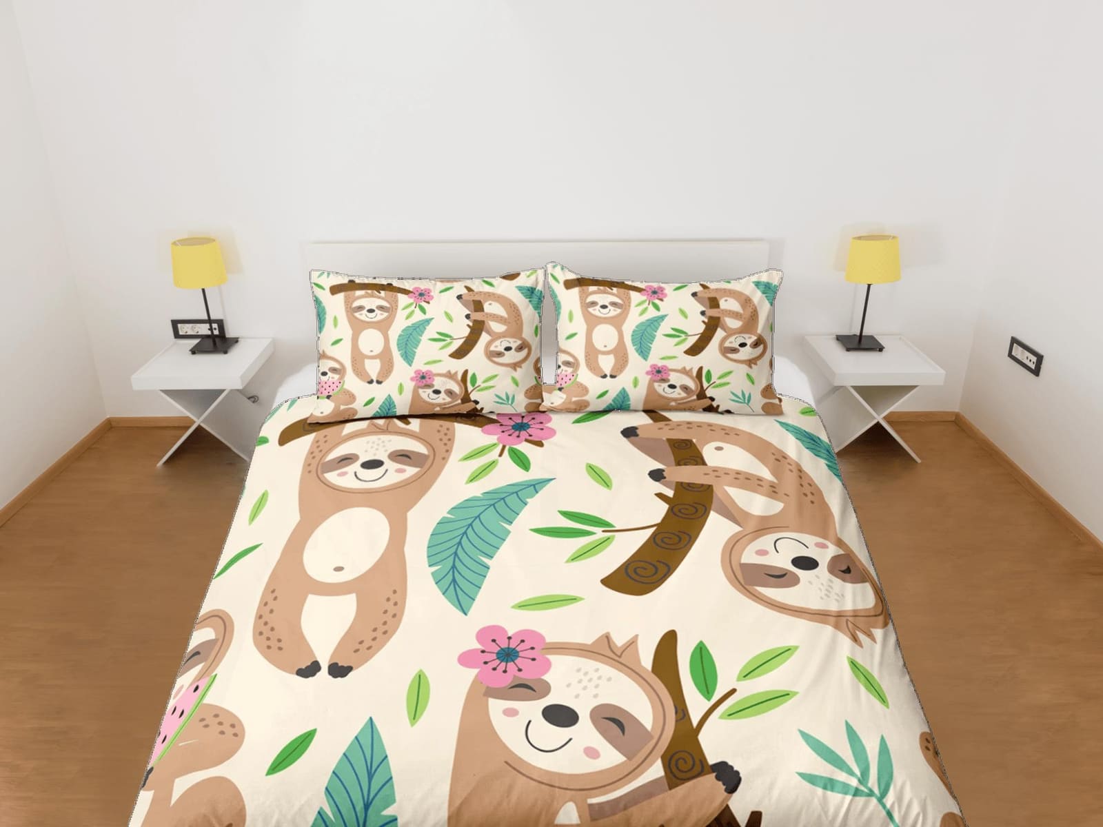 Happy Sloth Beige Duvet Cover Set Colorful Bedspread Kids Full Bedding Set Pillowcase Comforter Cover