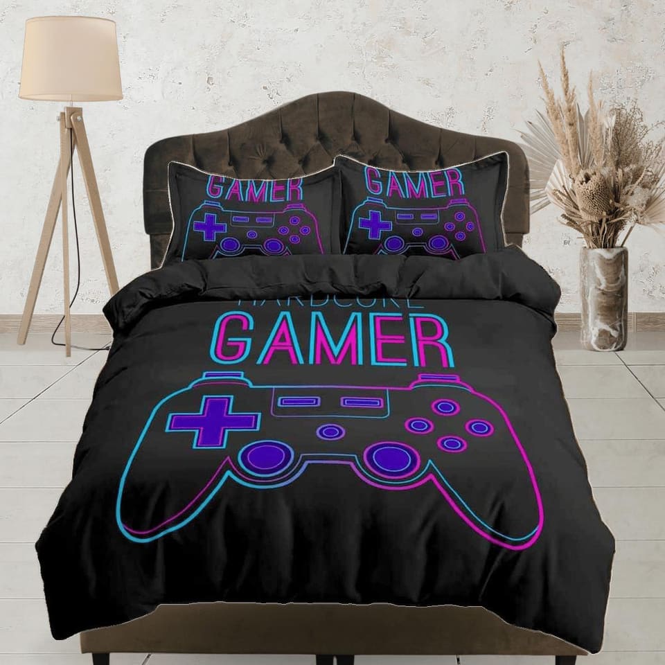 Hardcore gamer neon bedding black duvet cover, video gamer boyfriend gift bedding set full king queen, boys bedroom colleg…