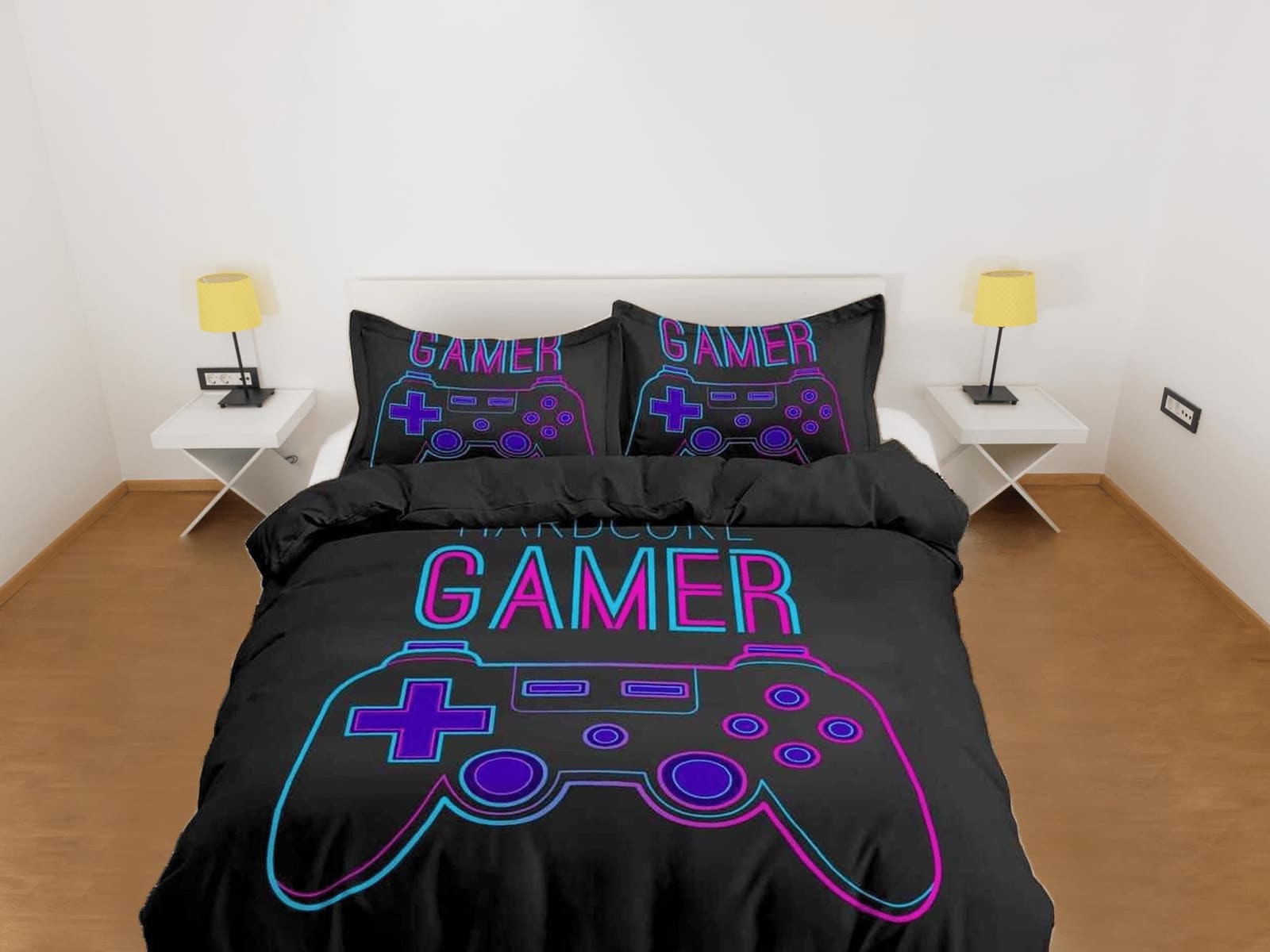 Hardcore gamer neon bedding black duvet cover, video gamer boyfriend gift bedding set full king queen, boys bedroom colleg…
