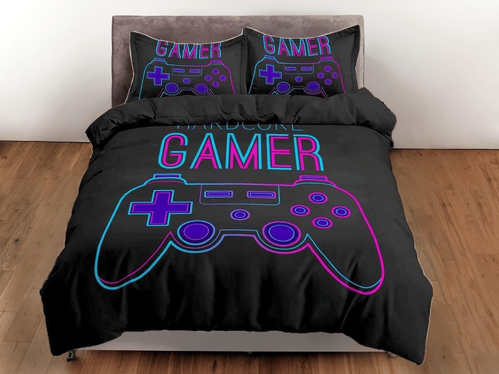 Hardcore gamer neon bedding black duvet cover, video gamer boyfriend gift bedding set full king queen, boys bedroom colleg…