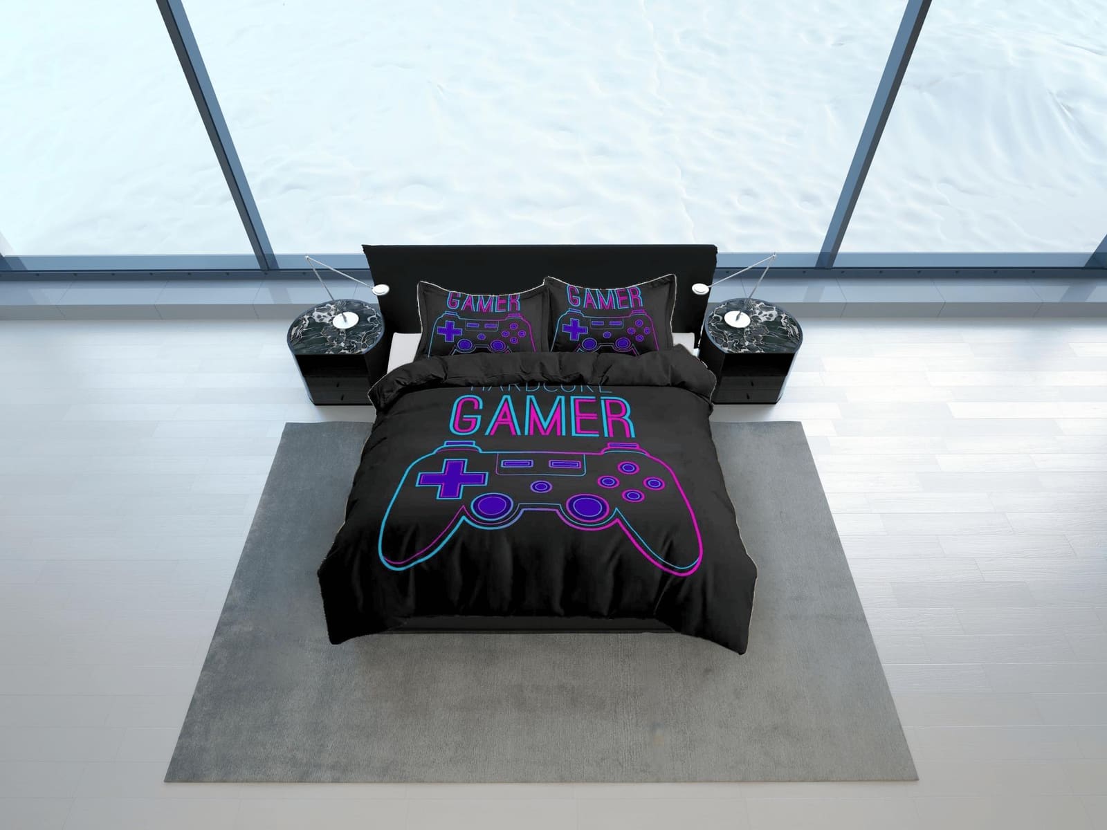 Hardcore gamer neon bedding black duvet cover, video gamer boyfriend gift bedding set full king queen, boys bedroom colleg…