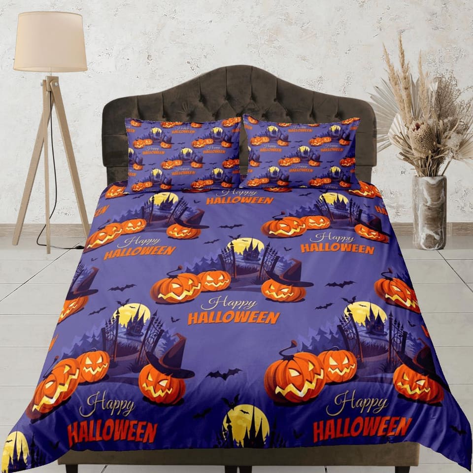 Haunted house full moon pumpkin halloween bedding & pillowcase, periwinkle purple duvet cover, dorm bedding, toddler beddi…