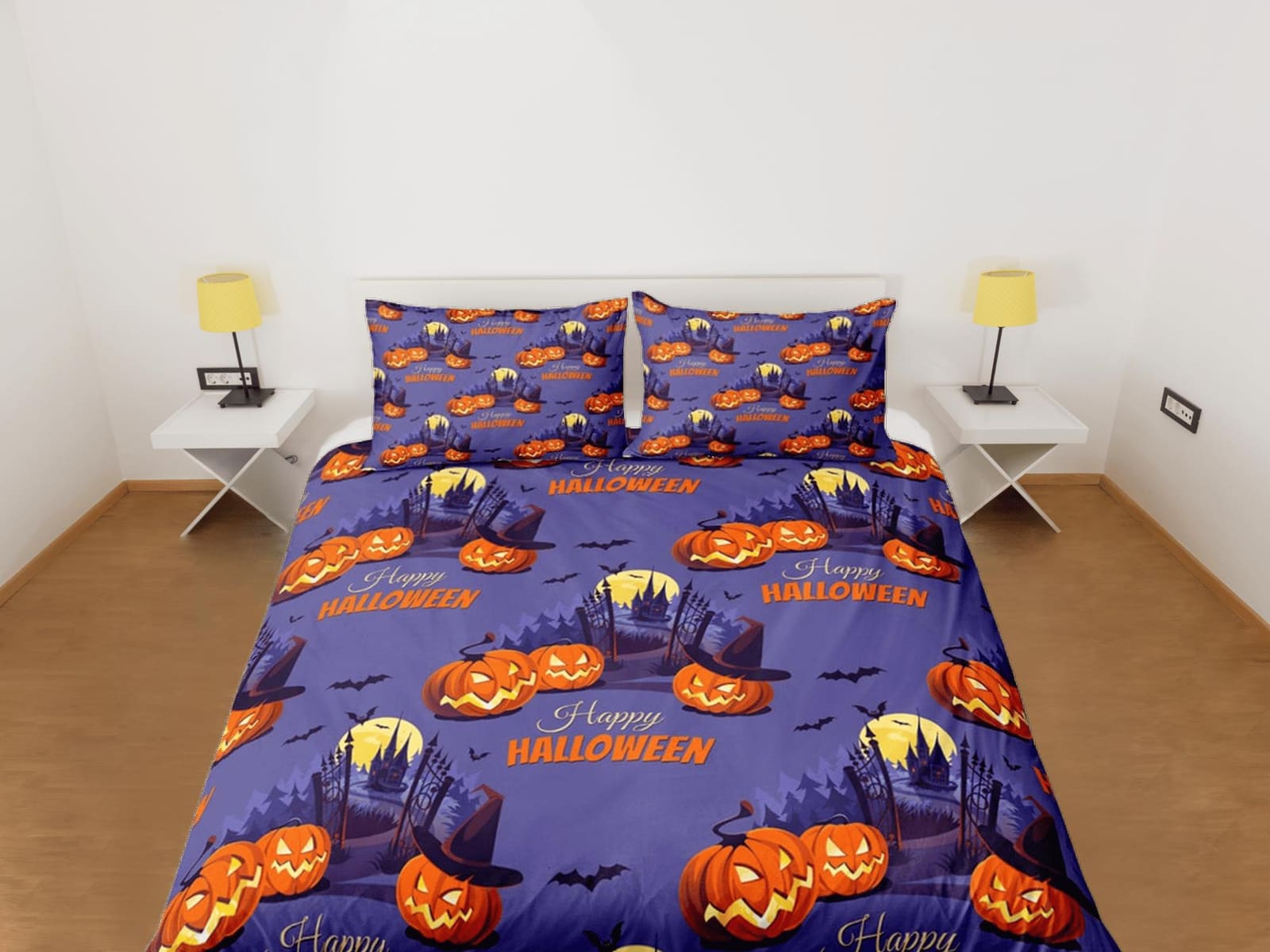 Haunted house full moon pumpkin halloween bedding & pillowcase, periwinkle purple duvet cover, dorm bedding, toddler beddi…