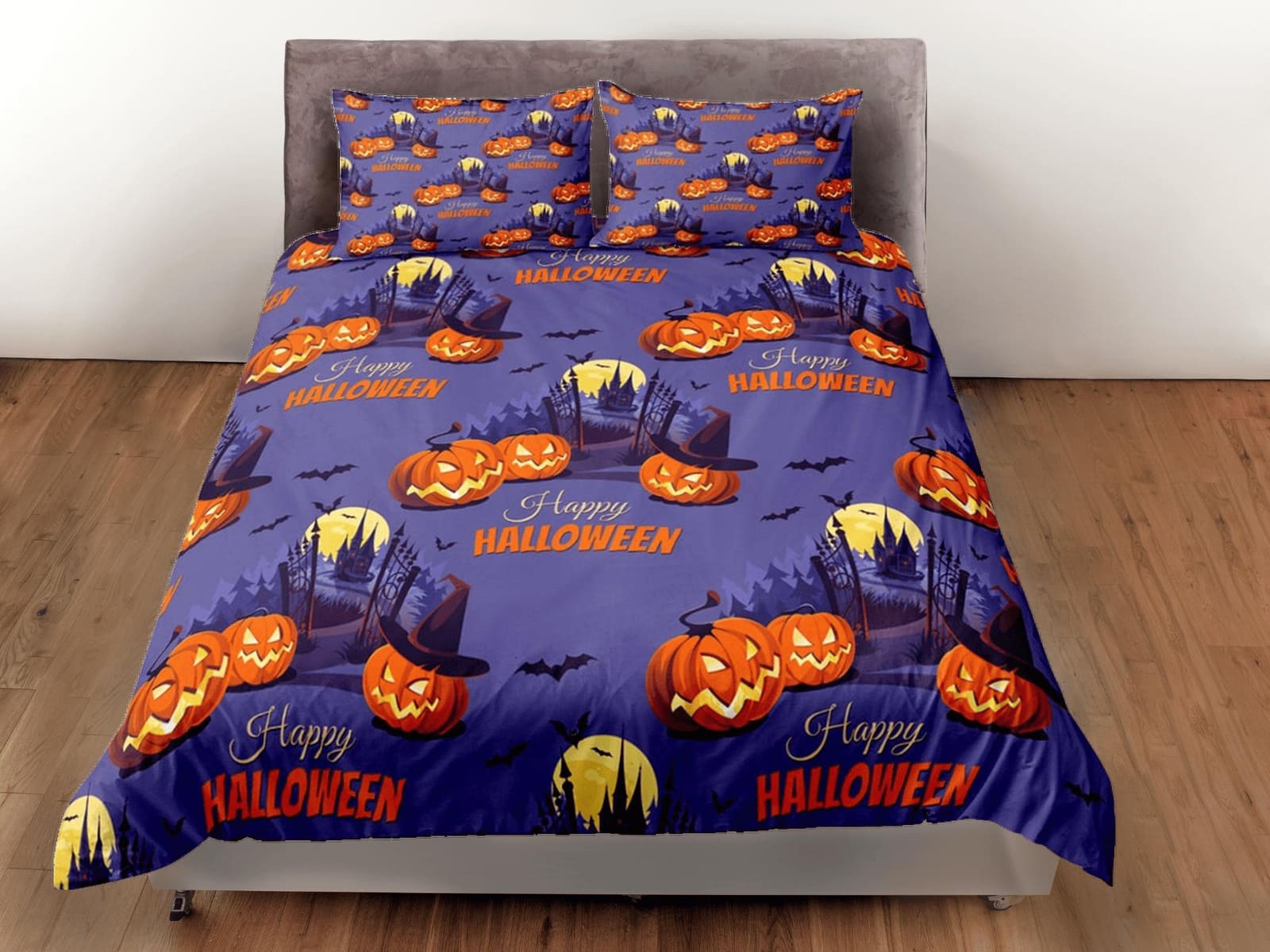 Haunted house full moon pumpkin halloween bedding & pillowcase, periwinkle purple duvet cover, dorm bedding, toddler beddi…