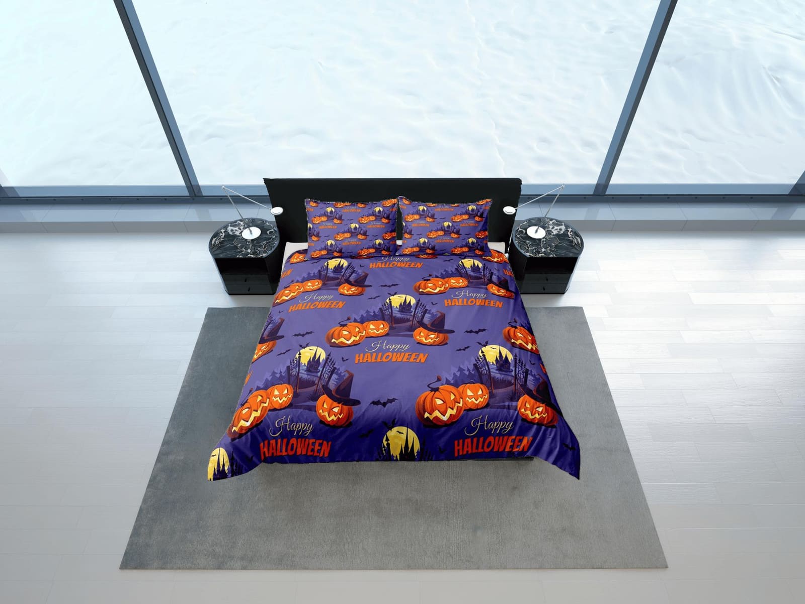 Haunted house full moon pumpkin halloween bedding & pillowcase, periwinkle purple duvet cover, dorm bedding, toddler beddi…