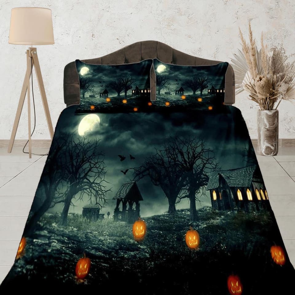 Haunted house halloween bedding & pillowcase, duvet cover, dorm bedding, halloween decor goth bedding, halloween gift, tod…