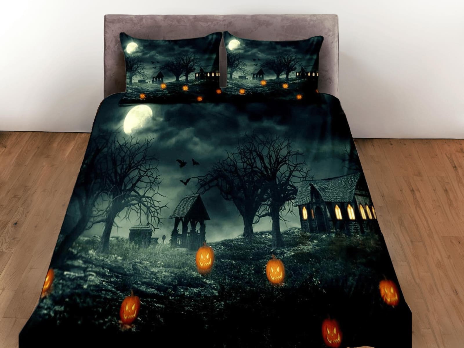 Haunted house halloween bedding & pillowcase, duvet cover, dorm bedding, halloween decor goth bedding, halloween gift, tod…