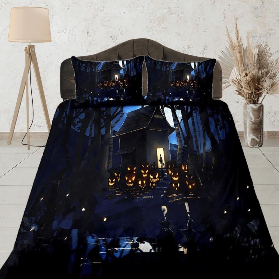 Haunted house scary pumpkin halloween bedding & pillowcase, gothic duvet cover, dorm bedding, goth decor toddler bedding,…