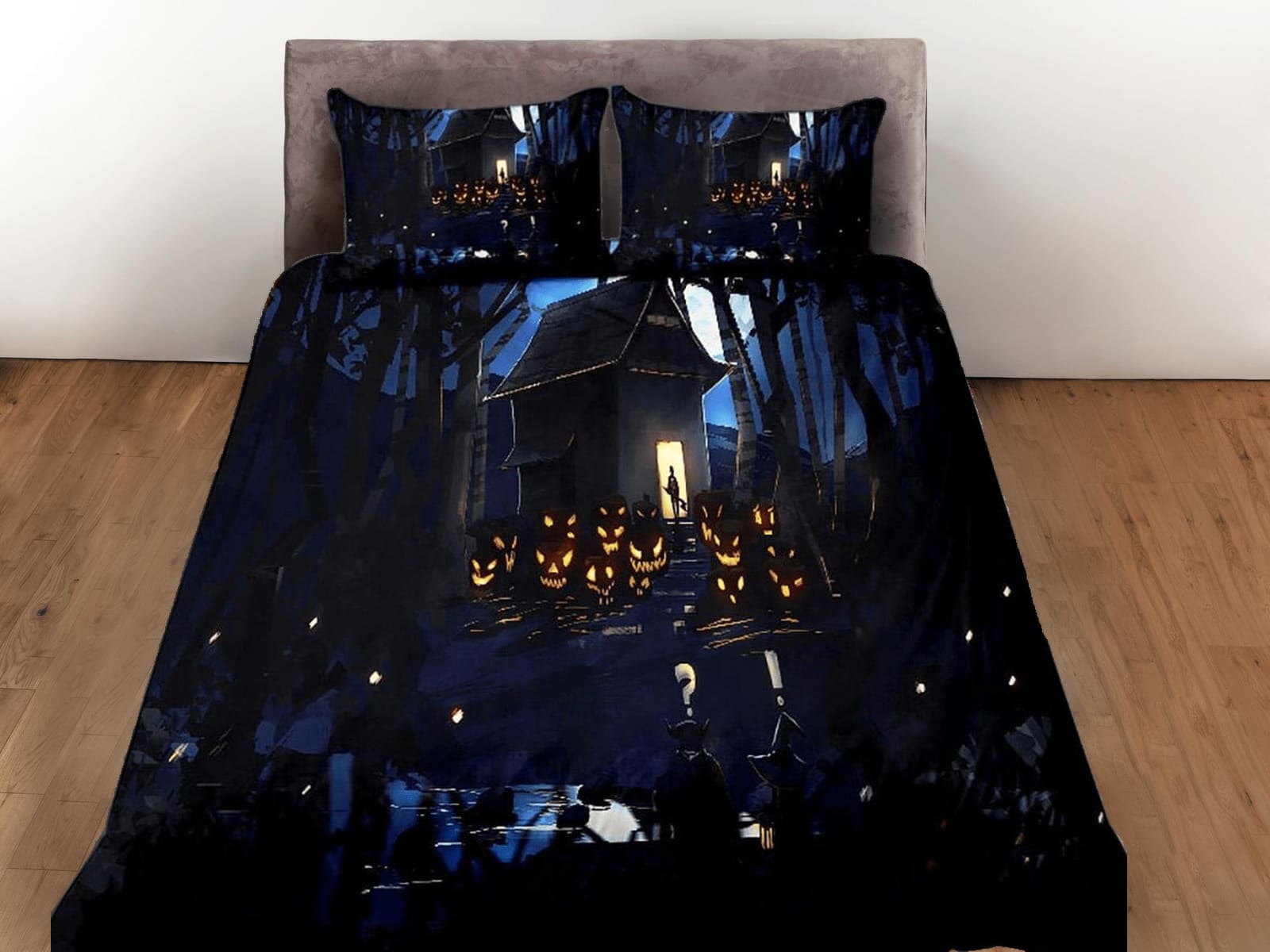Haunted house scary pumpkin halloween bedding & pillowcase, gothic duvet cover, dorm bedding, goth decor toddler bedding,…