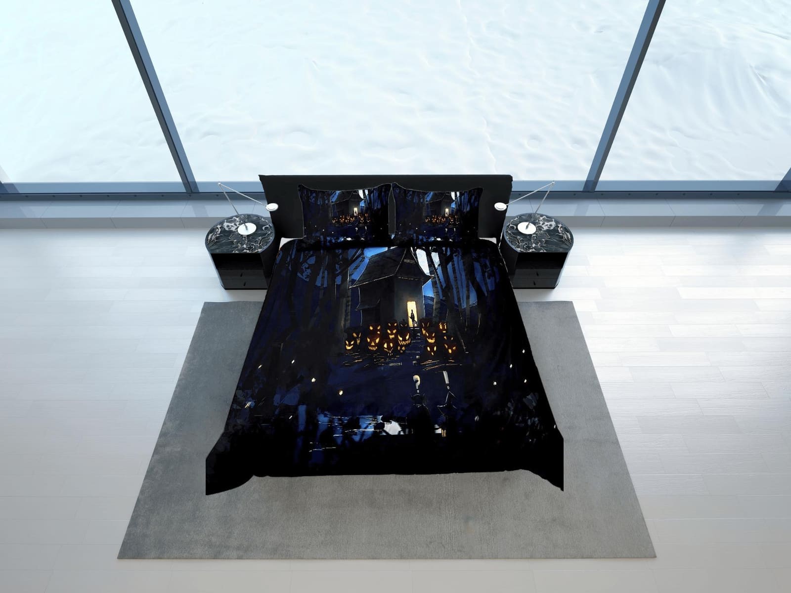 Haunted house scary pumpkin halloween bedding & pillowcase, gothic duvet cover, dorm bedding, goth decor toddler bedding,…