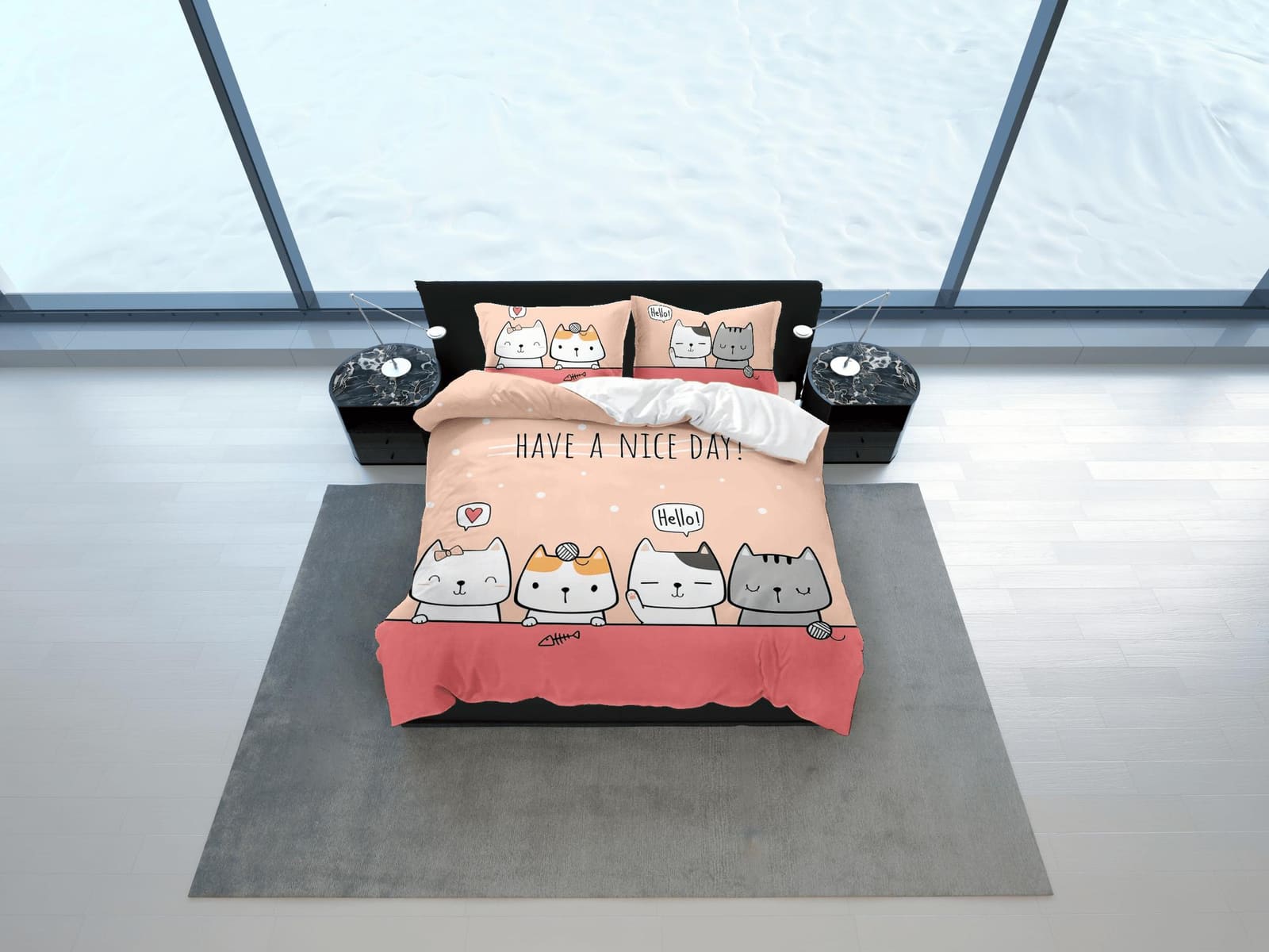 Have a nice day, cat bedding, toddler bedding, kids duvet cover set, gift for cat lovers, baby bedding, baby shower gift,…