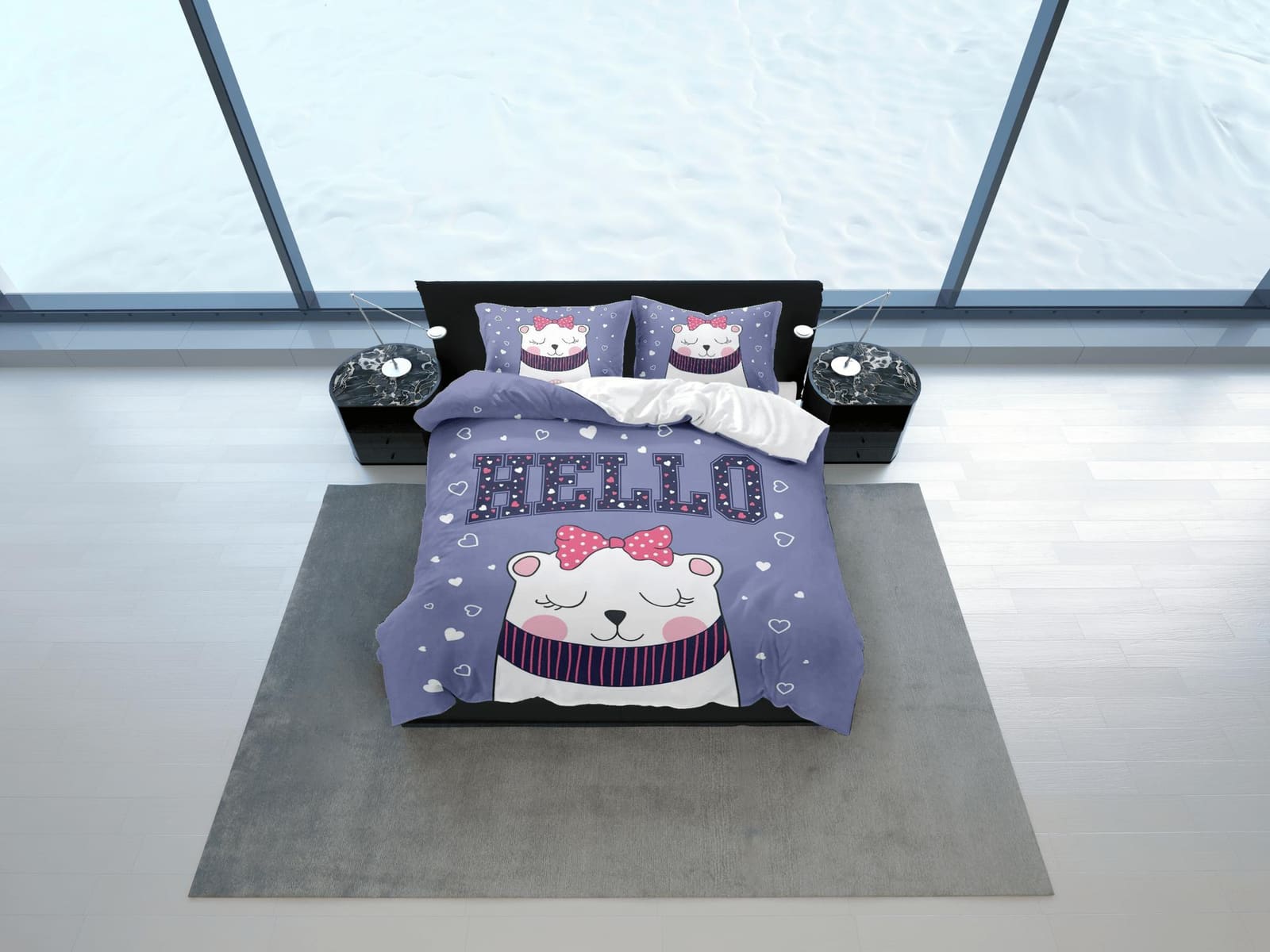 Hello cat bedding purple, toddler bedding, kids duvet cover set, gift for cat lovers, baby bedding, baby shower gift, whit…