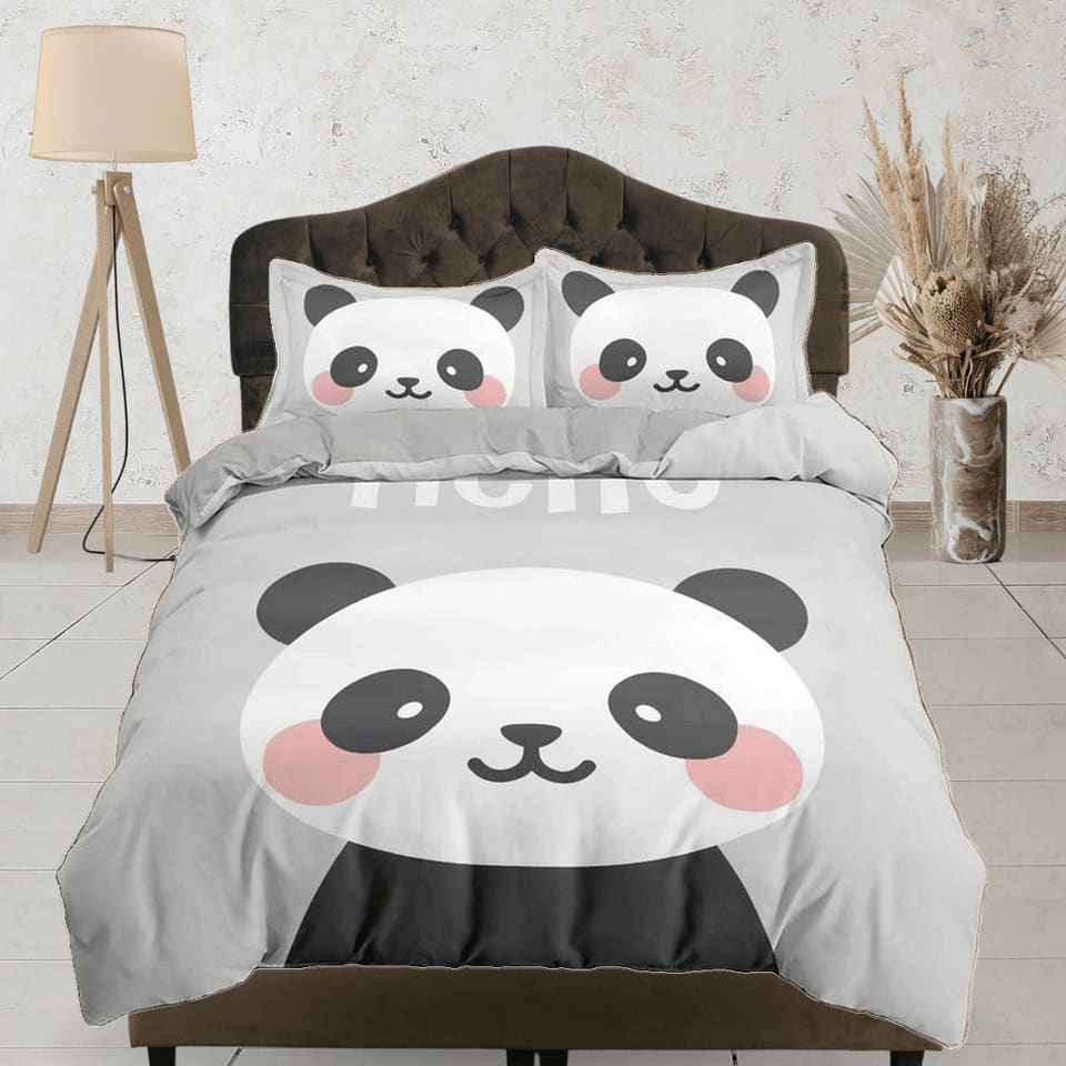 Hello cute panda grey duvet cover kids, bedding set full, king, queen, dorm bedding, toddler bedding, aesthetic bedspread,…
