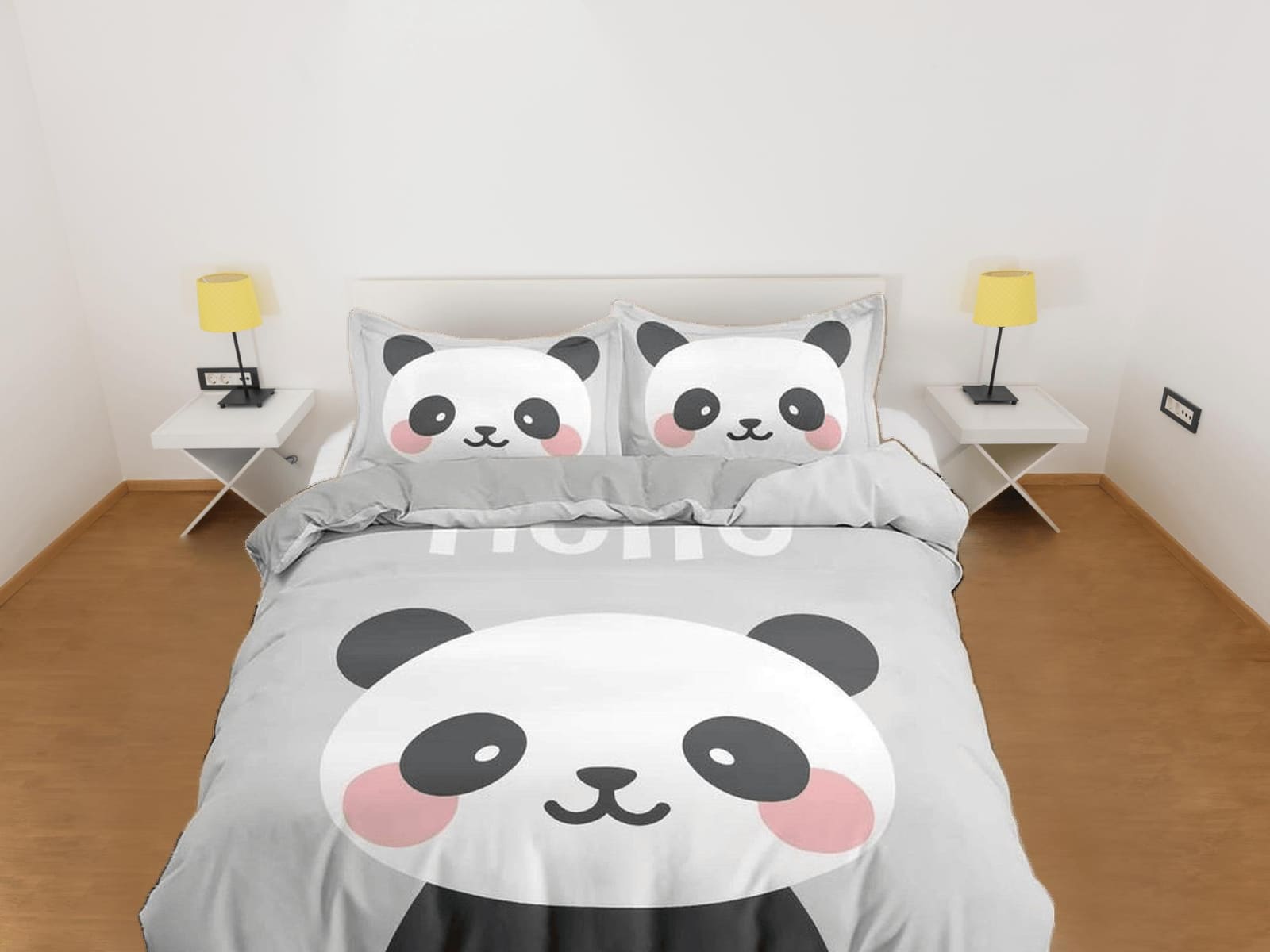 Hello cute panda grey duvet cover kids, bedding set full, king, queen, dorm bedding, toddler bedding, aesthetic bedspread,…