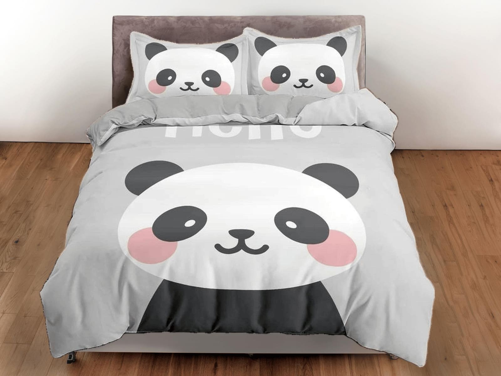 Hello cute panda grey duvet cover kids, bedding set full, king, queen, dorm bedding, toddler bedding, aesthetic bedspread,…