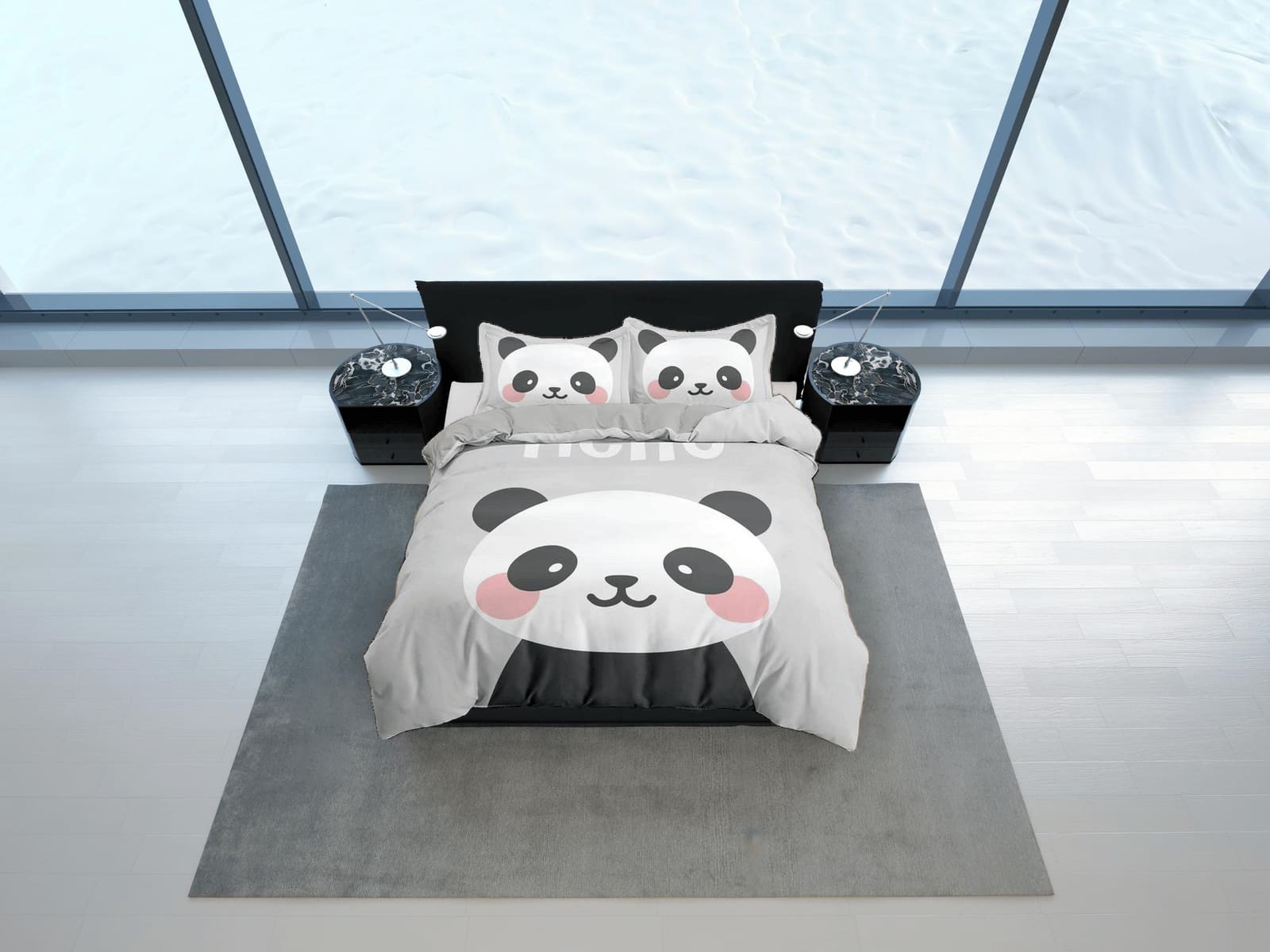Hello cute panda grey duvet cover kids, bedding set full, king, queen, dorm bedding, toddler bedding, aesthetic bedspread,…