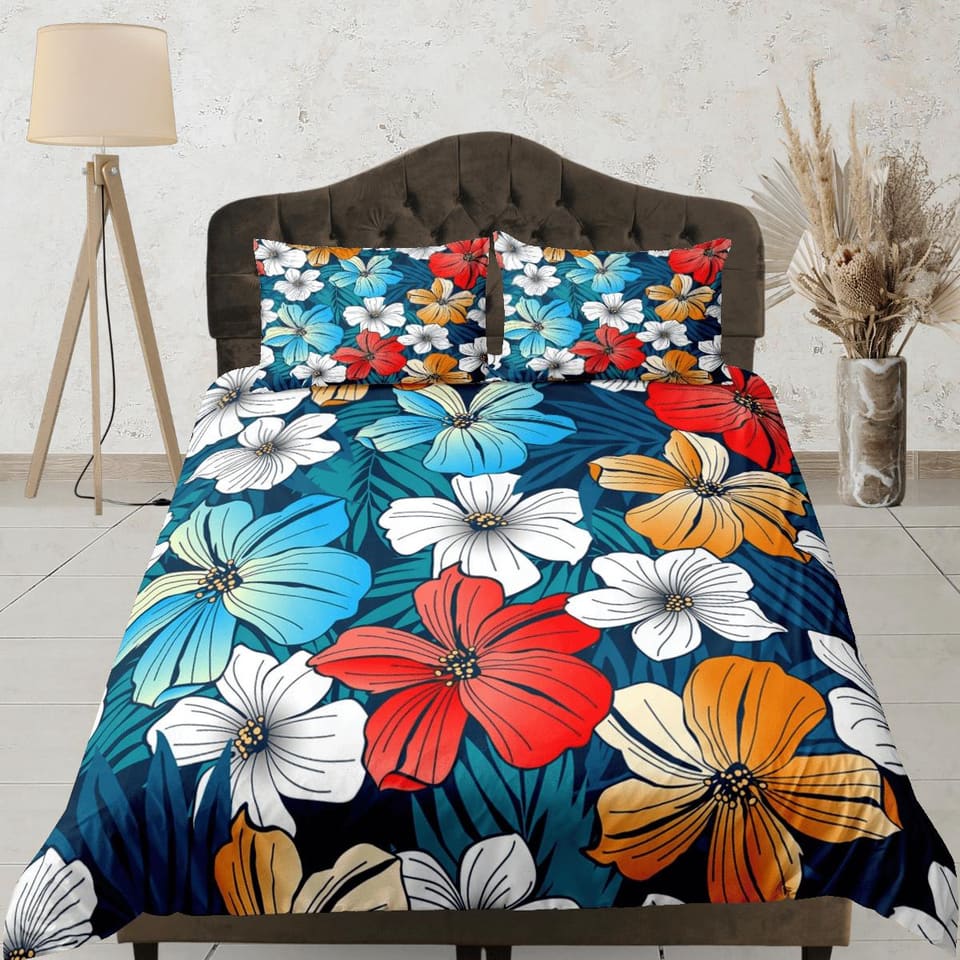 Hibiscus floral bedding blue, luxury duvet cover queen, king, boho duvet, designer bedding, aesthetic bedding, maximalist…