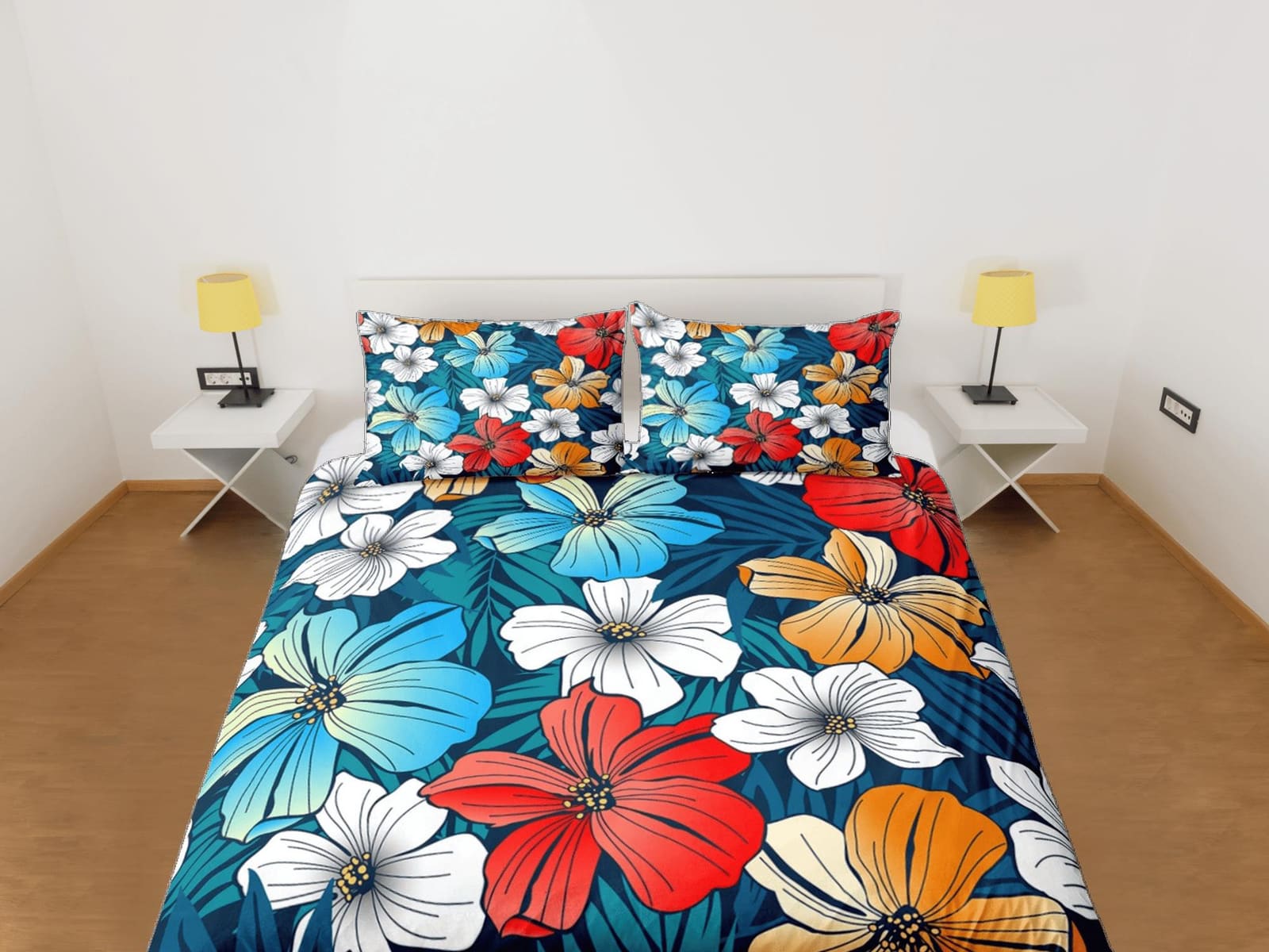 Hibiscus floral bedding blue, luxury duvet cover queen, king, boho duvet, designer bedding, aesthetic bedding, maximalist…