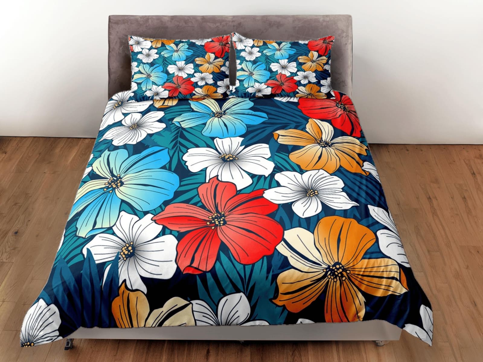 Hibiscus floral bedding blue, luxury duvet cover queen, king, boho duvet, designer bedding, aesthetic bedding, maximalist…