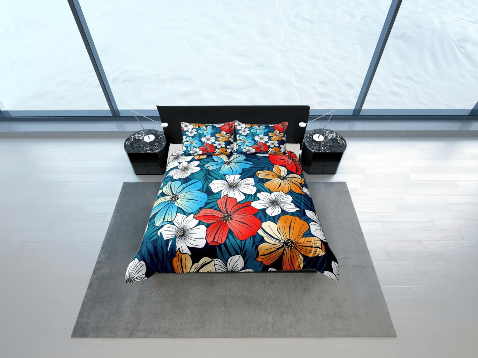 Hibiscus floral bedding blue, luxury duvet cover queen, king, boho duvet, designer bedding, aesthetic bedding, maximalist…